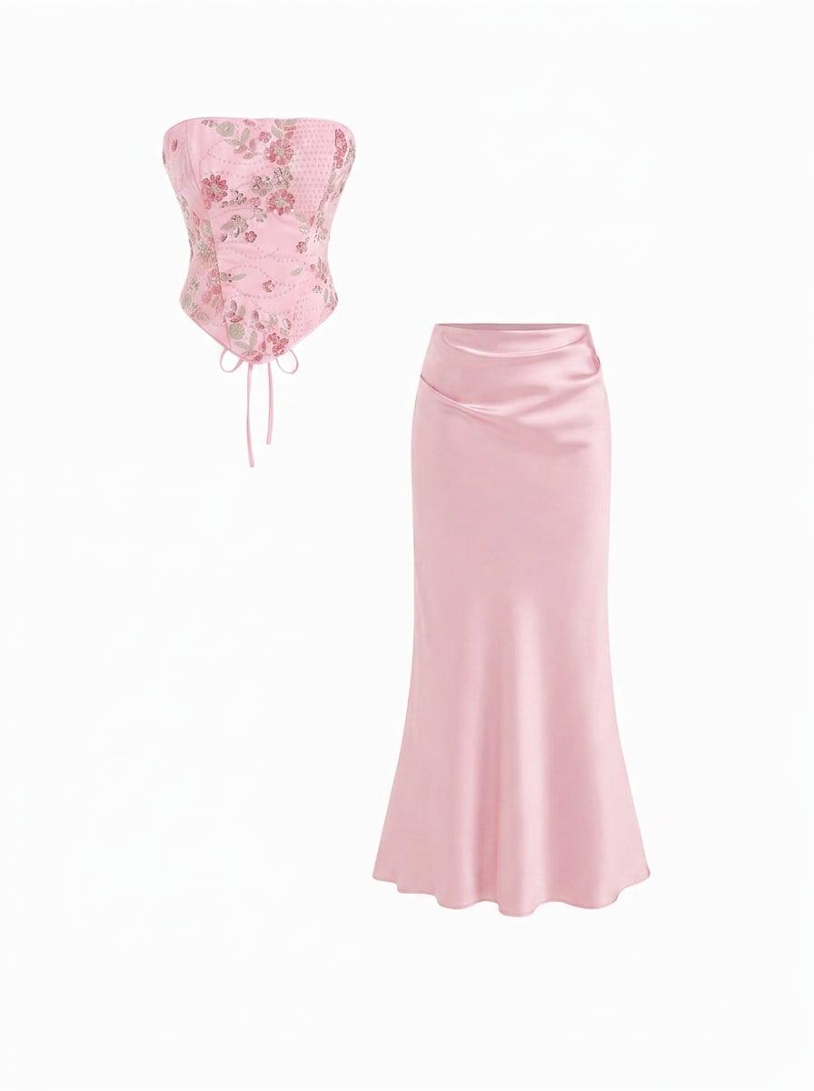 Lace Sculptural Embroidery Floral Corset Top & High Rise Mermaid Maxi Skirt Set by CIDER