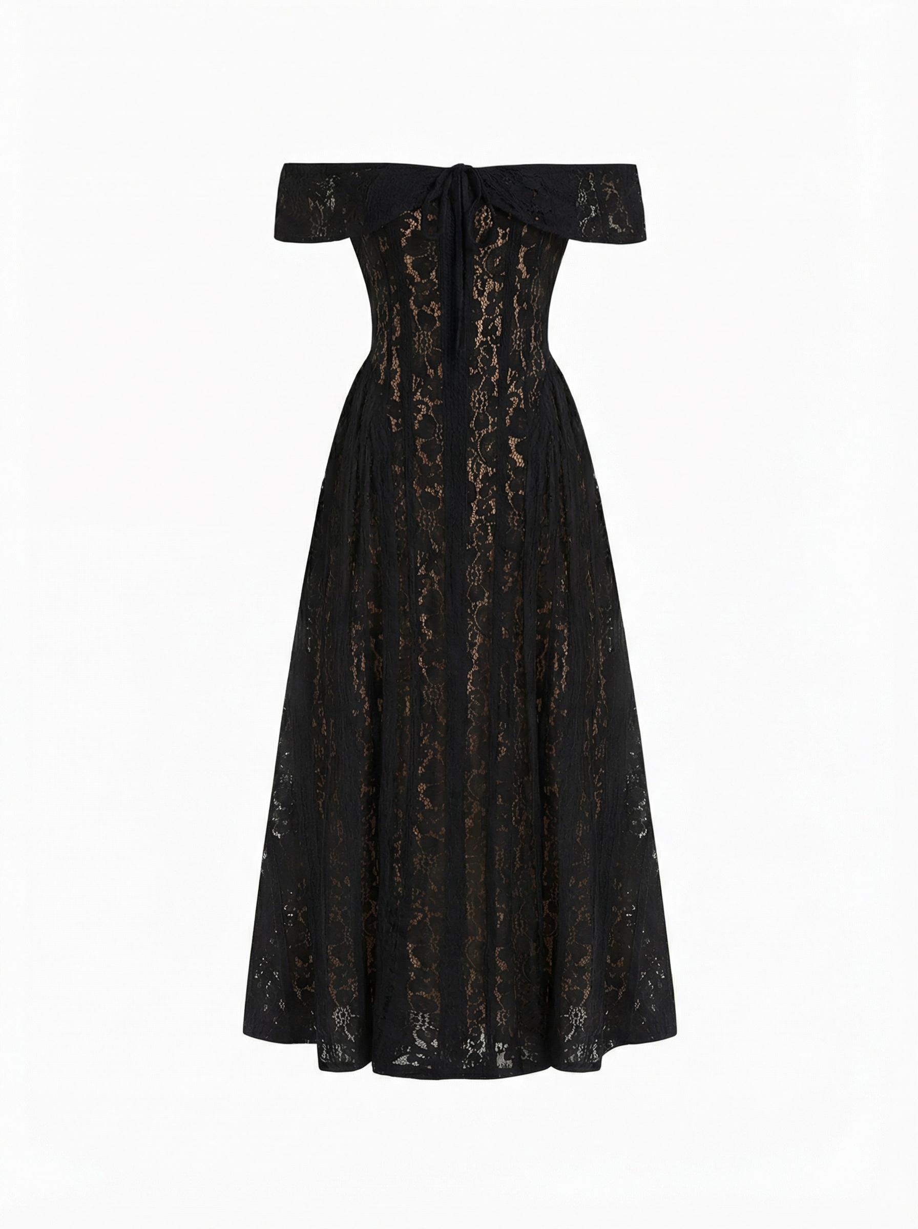 Lace Sculptural Off-Shoulder Knotted Flared Maxi Dress by CIDER