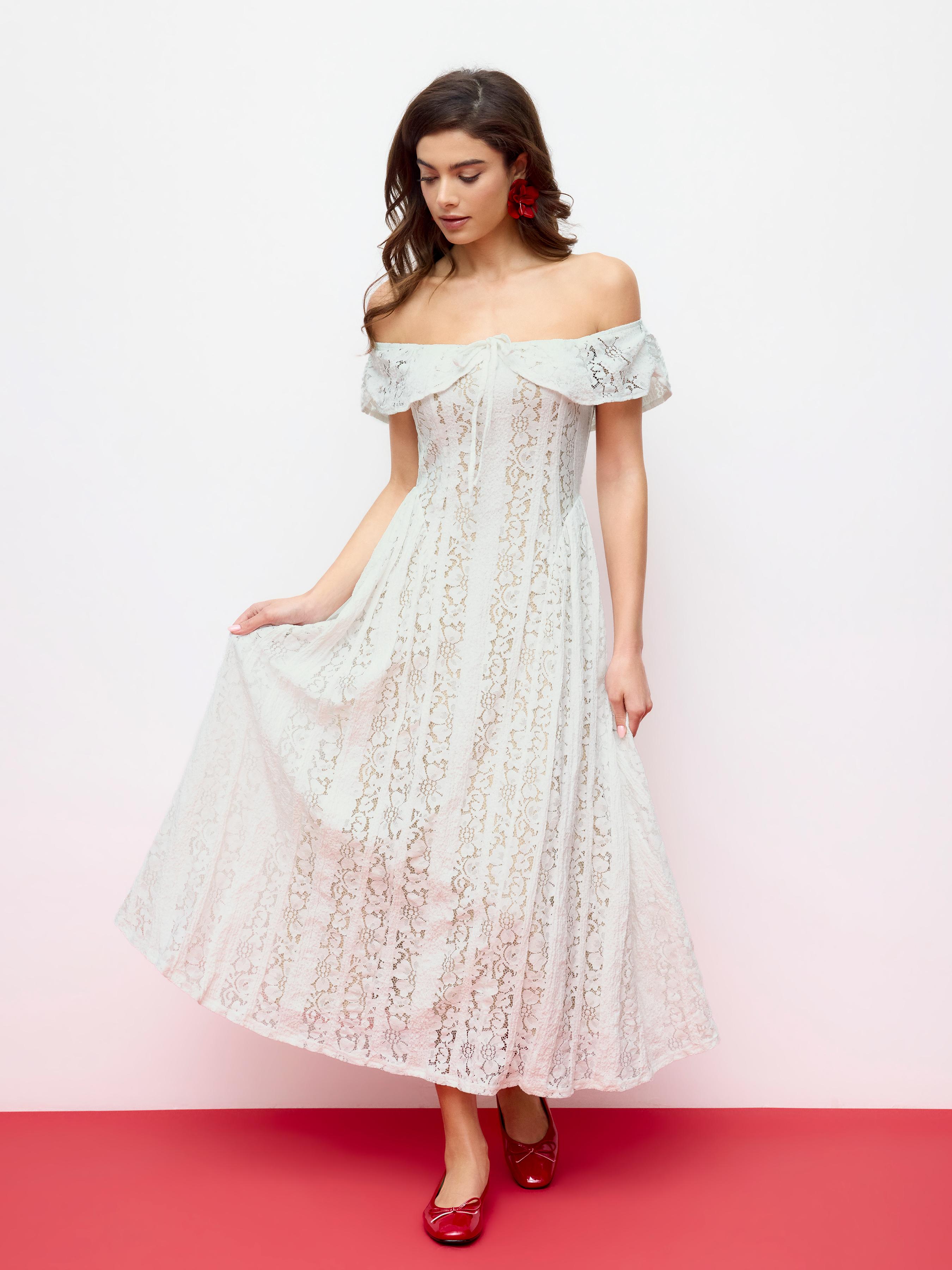 Lace Sculptural Off-Shoulder Knotted Flared Maxi Dress by CIDER