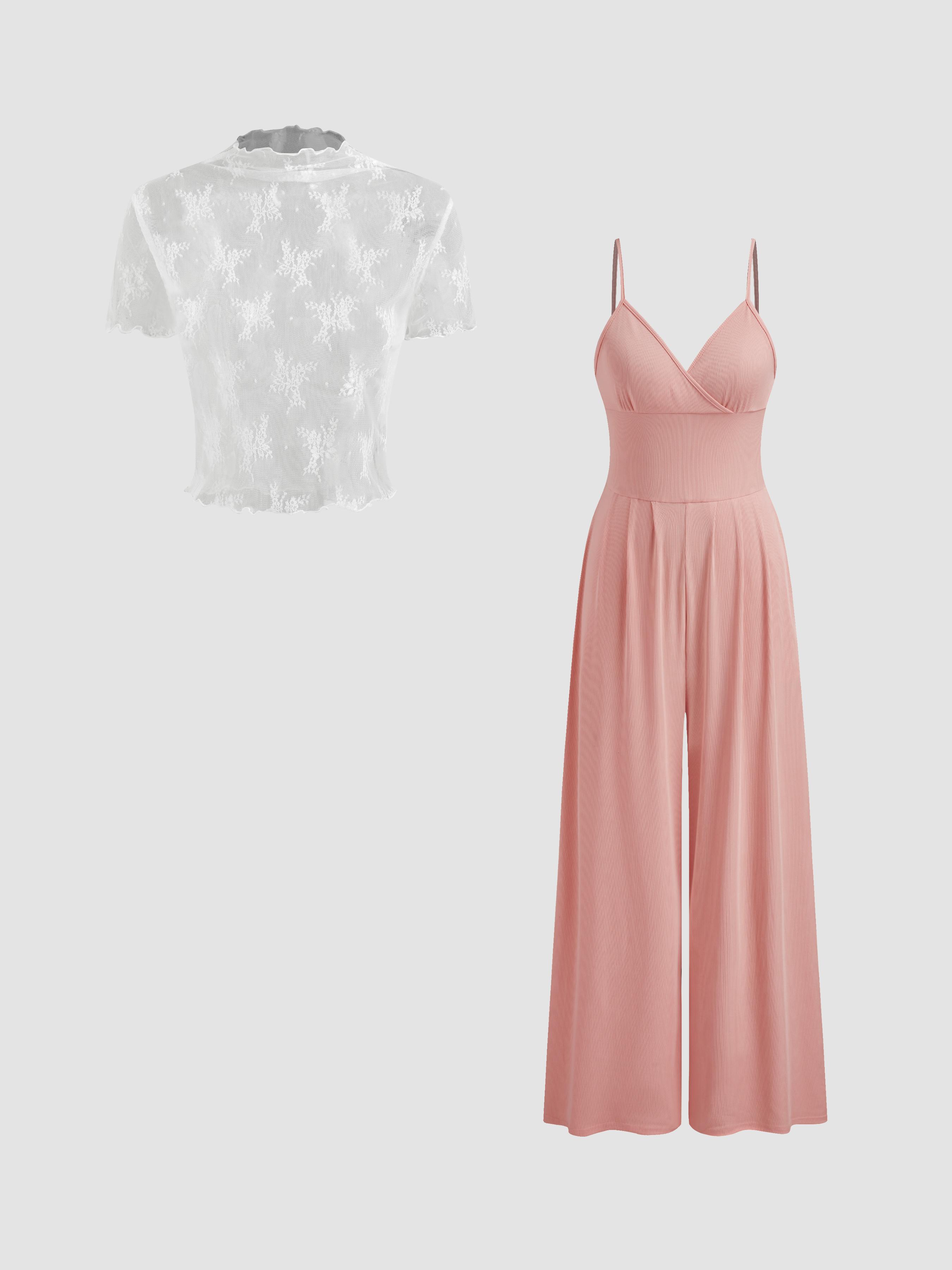 Lace See-through Top & V Neck Wide Leg Jumpsuit by CIDER