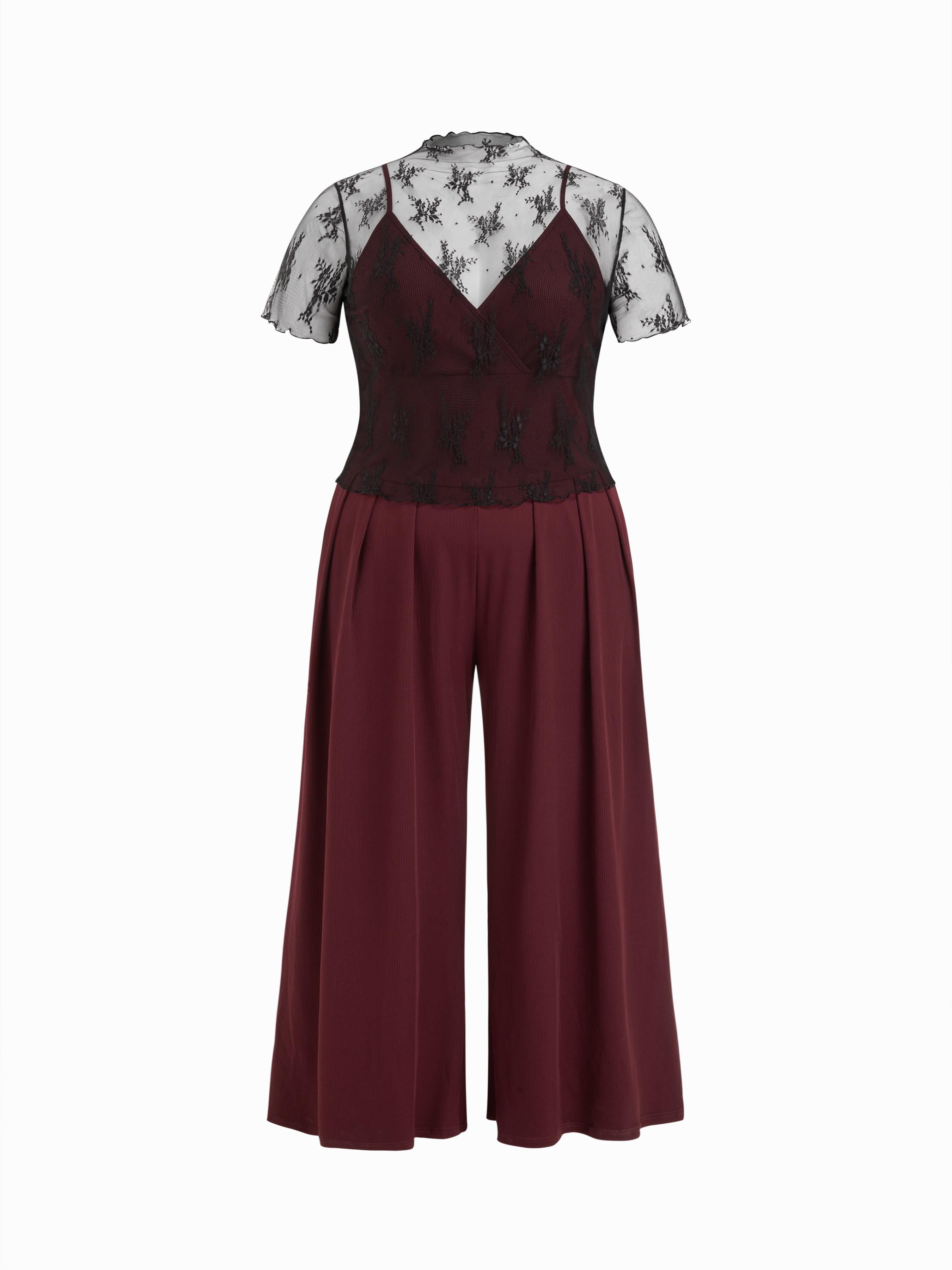 Lace See-through Top & V Neck Wide Leg Jumpsuit Curve & Plus by CIDER