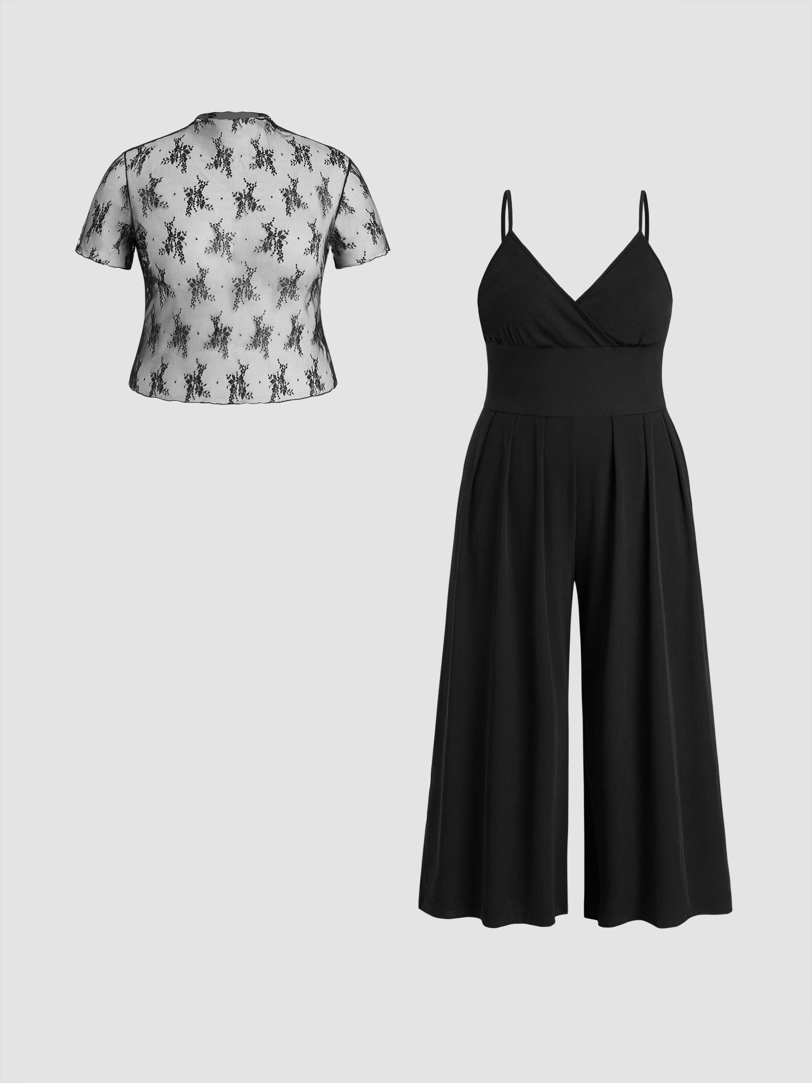 Lace See-through Top & V Neck Wide Leg Jumpsuit Curve & Plus by CIDER