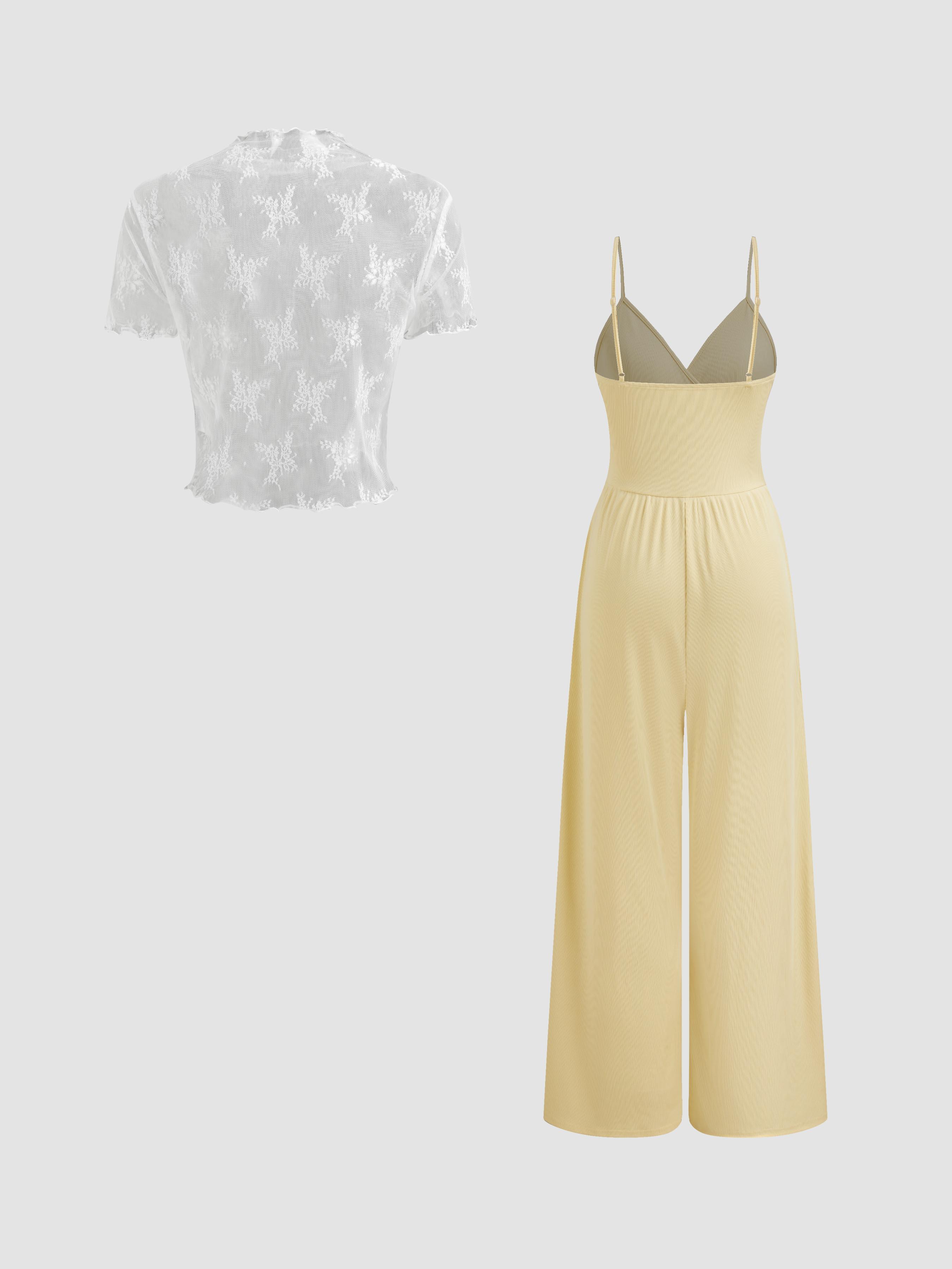 Lace See-through Top & V Neck Wide Leg Jumpsuit by CIDER