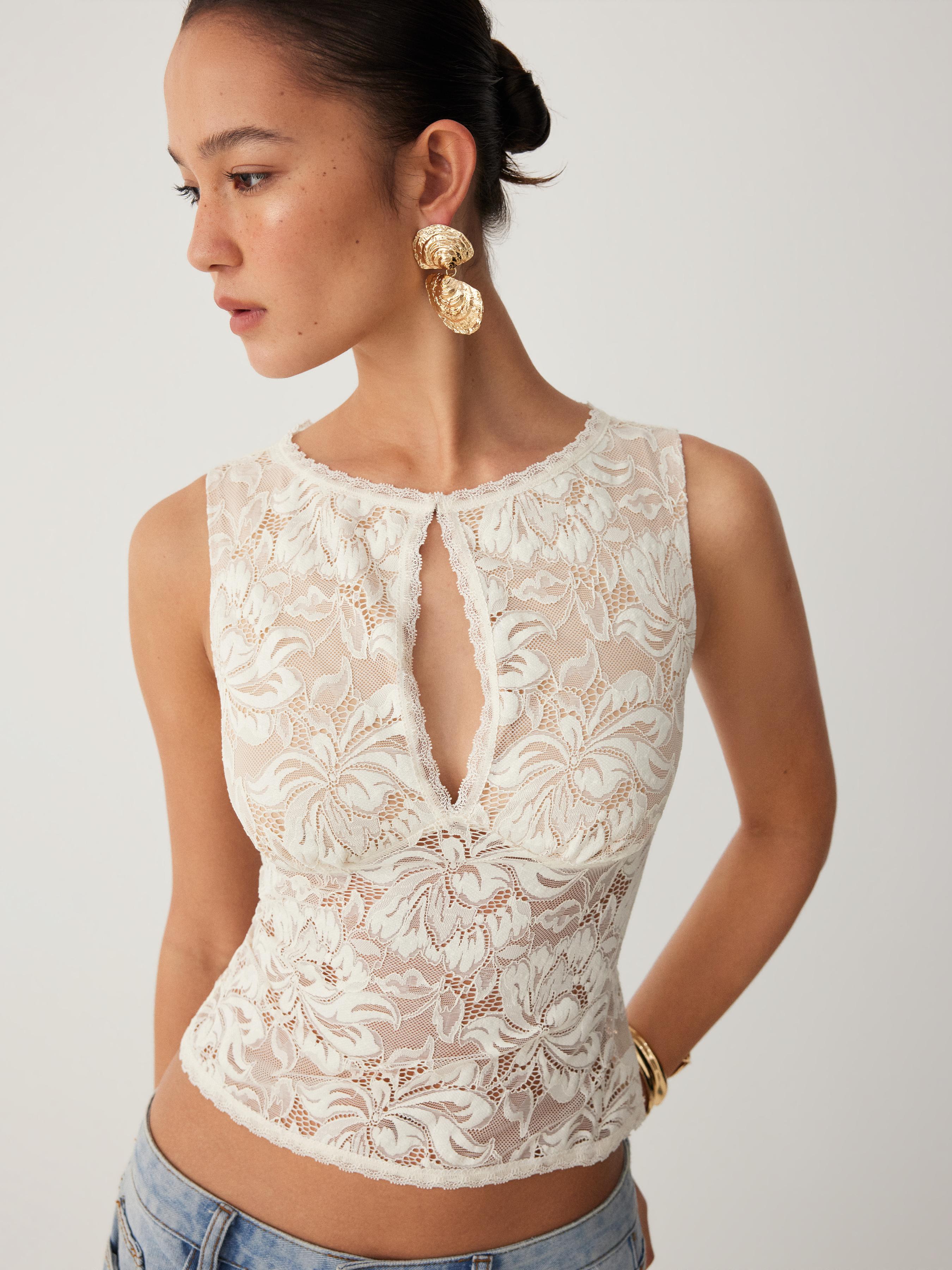Lace Sheer Boat Neck Top by CIDER