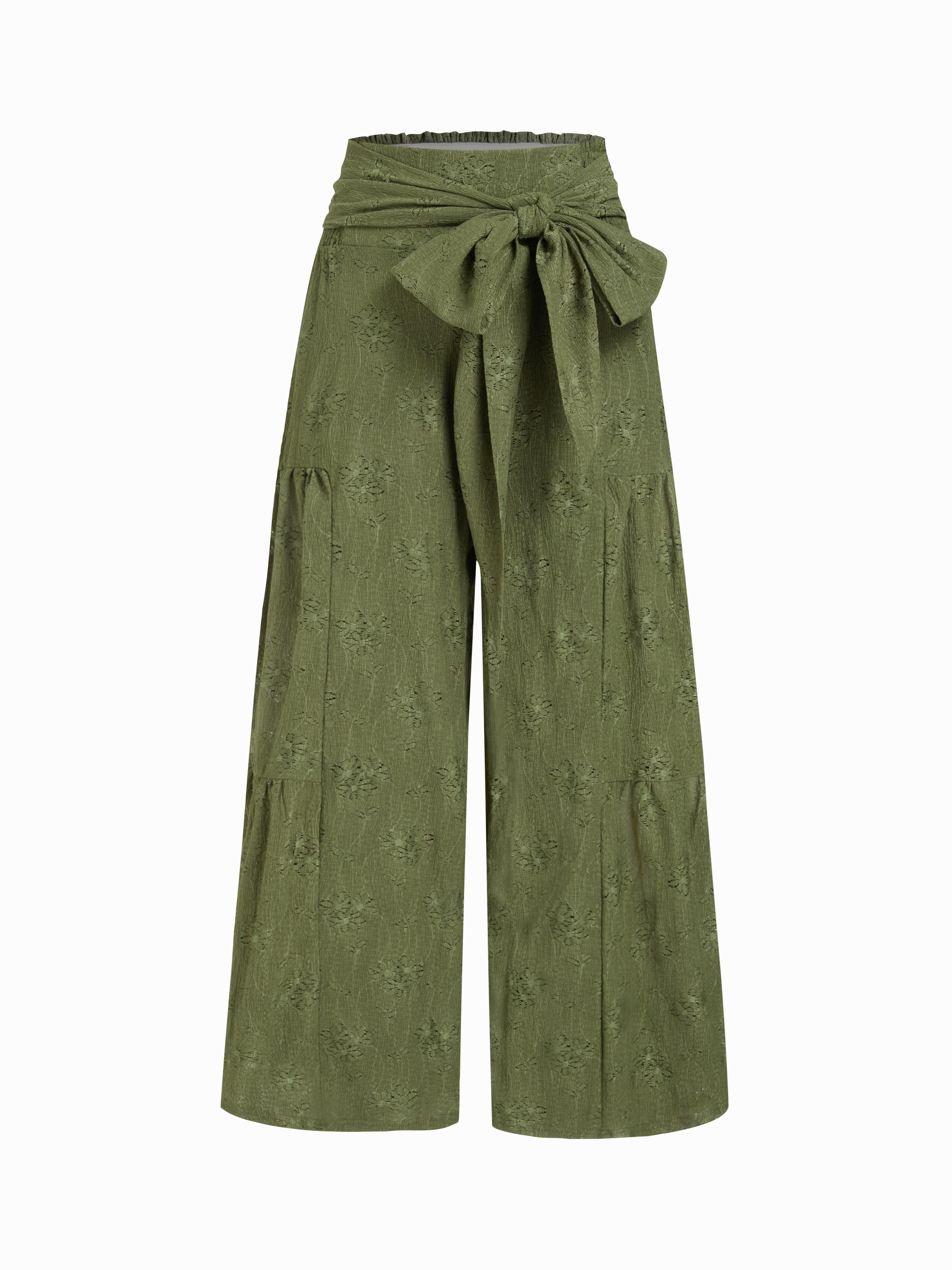 Lace Shirred Bowknot Straight Leg Trousers by CIDER