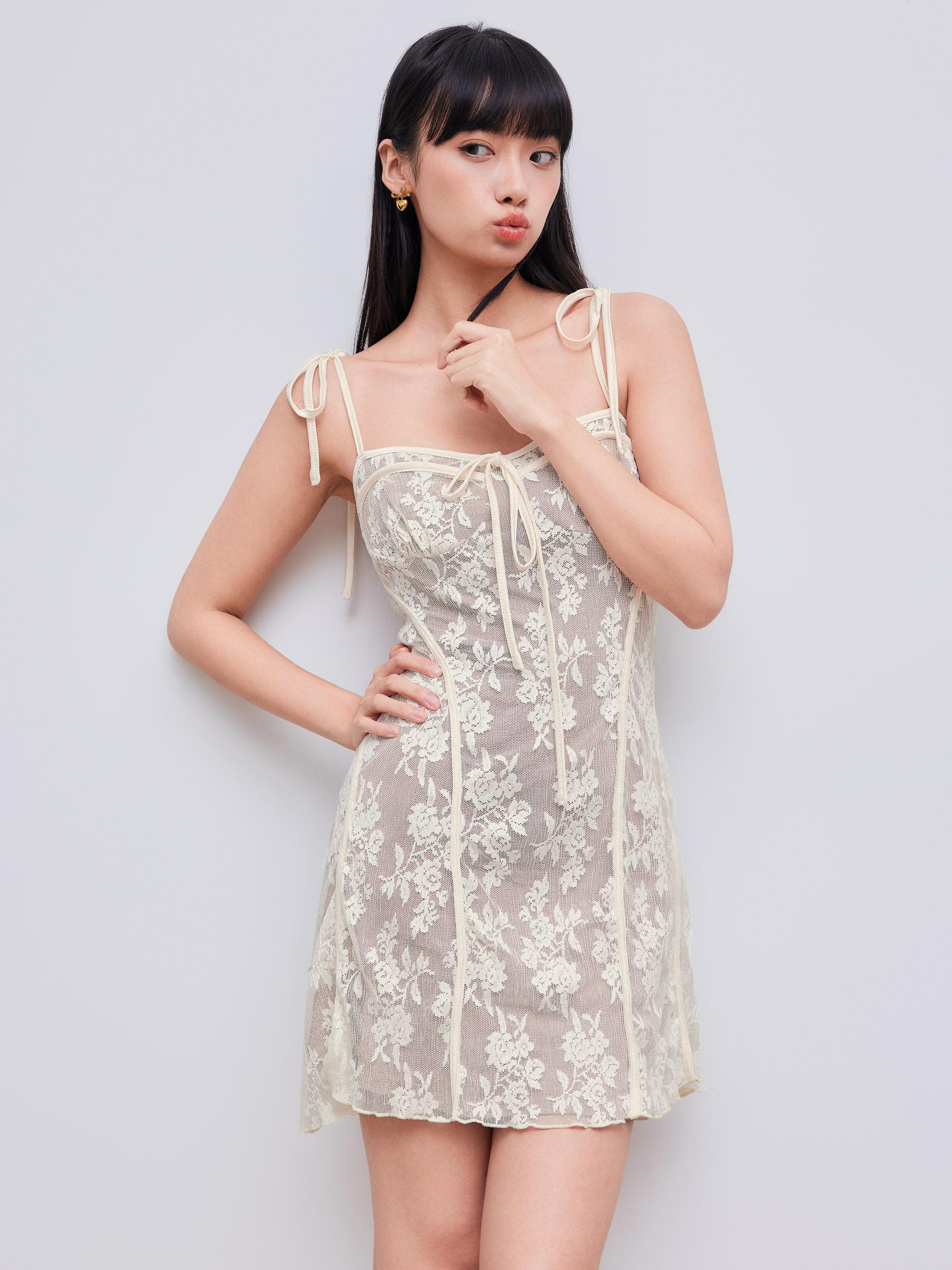 Lace Square Neck Floral Embroidery Knotted Mini Dress by CIDER