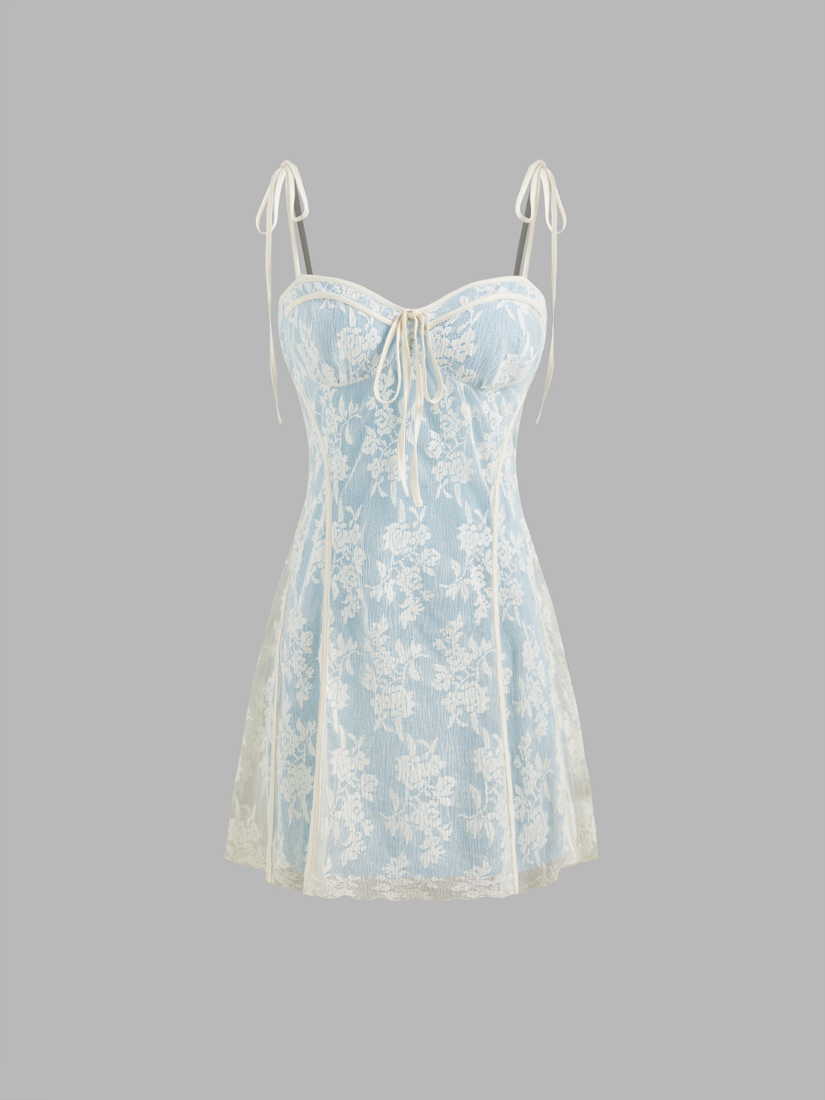 Lace Square Neck Floral Embroidery Knotted Mini Dress by CIDER