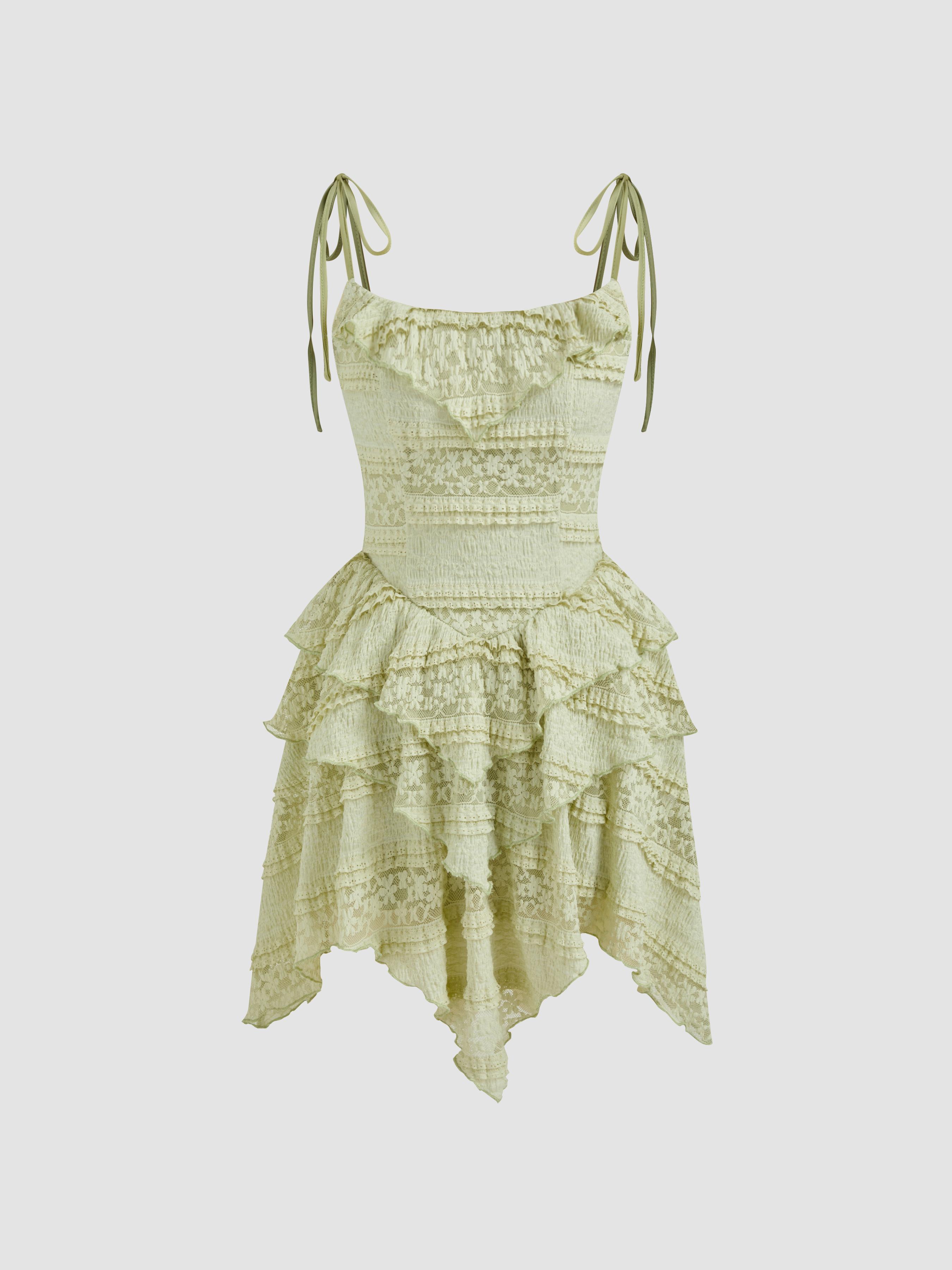 Lace Square Neck Layered Knotted Mini Dress by CIDER