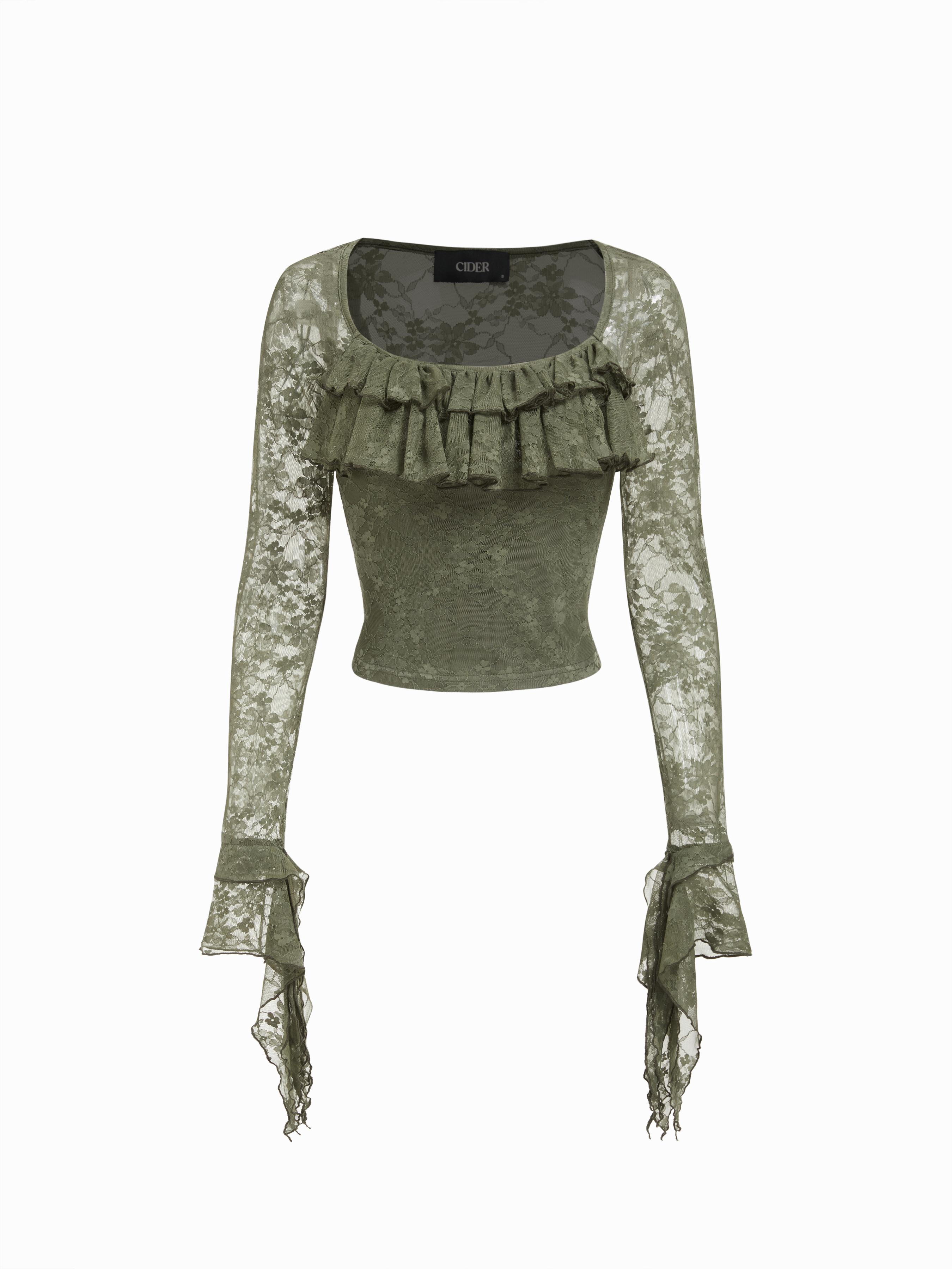 Lace Square Neck Ruffle Sleeve Crop Top by CIDER