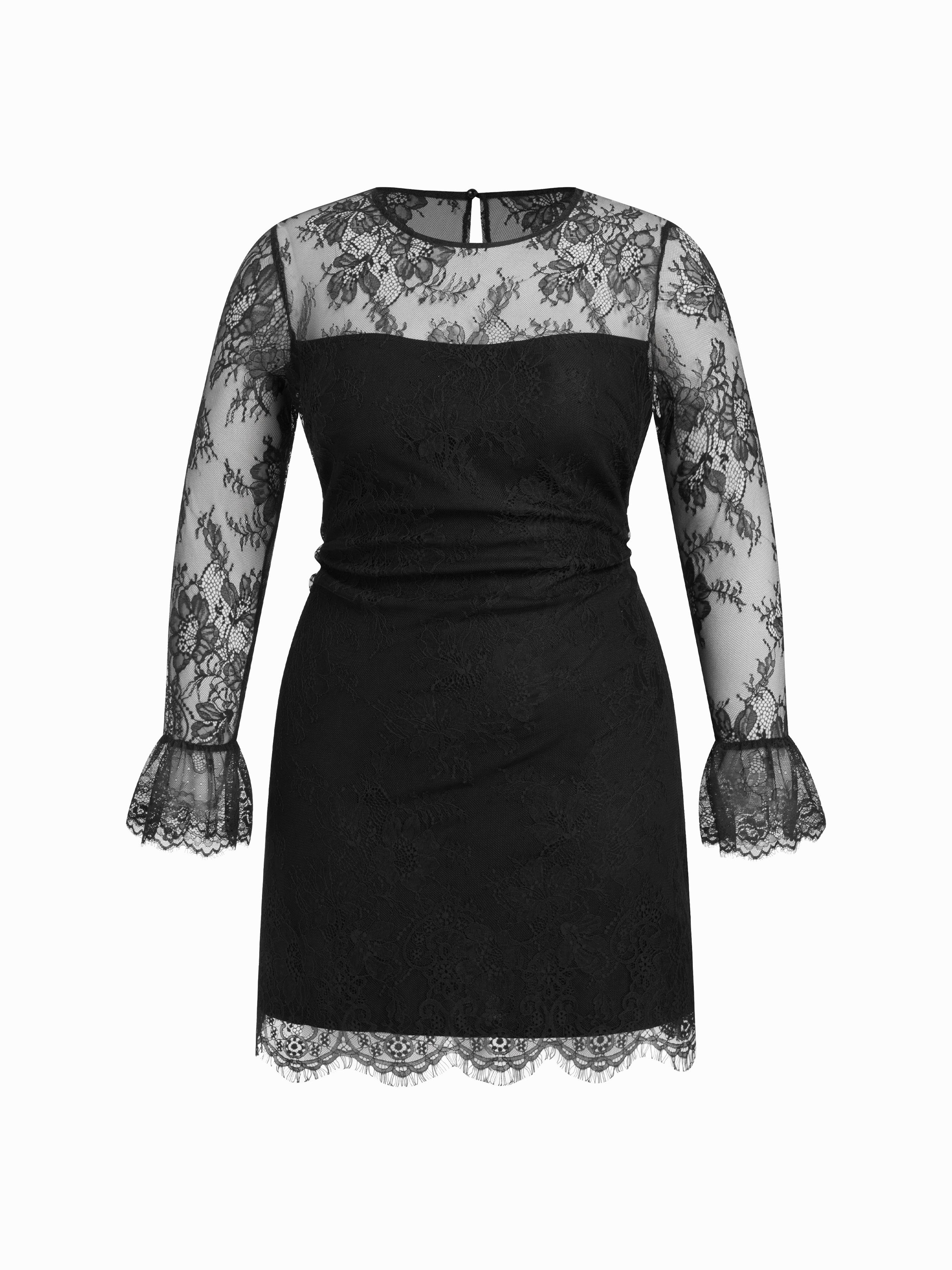 Lace Stand Collar Long Sleeve Ruched Straight Mini Dress Curve & Plus by CIDER