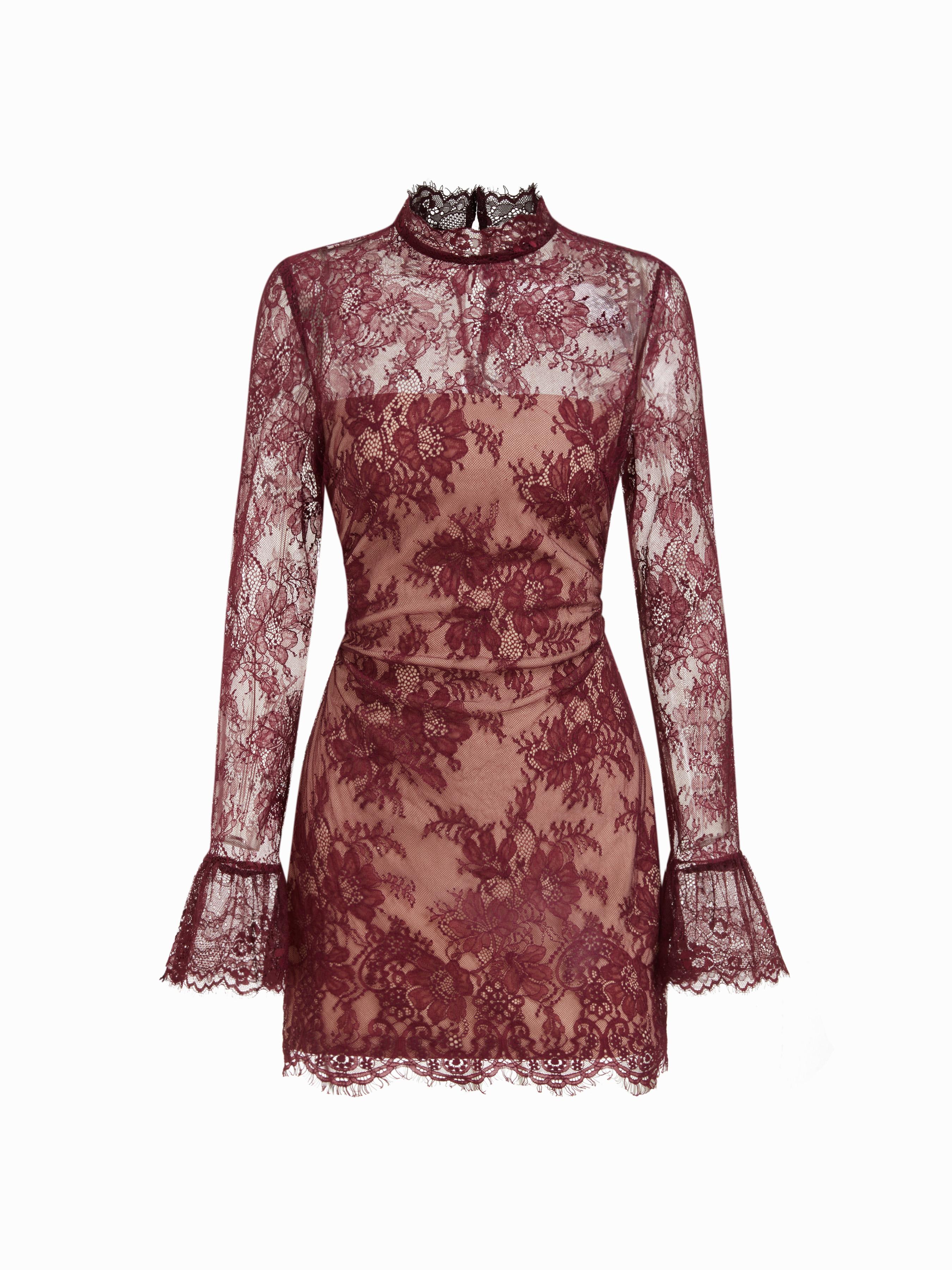 Lace Stand Collar Long Sleeve Straight Mini Dress by CIDER
