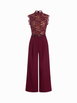 Lace Stand Collar Mid Rise Wide Leg Jumpsuit With Belt by CIDER