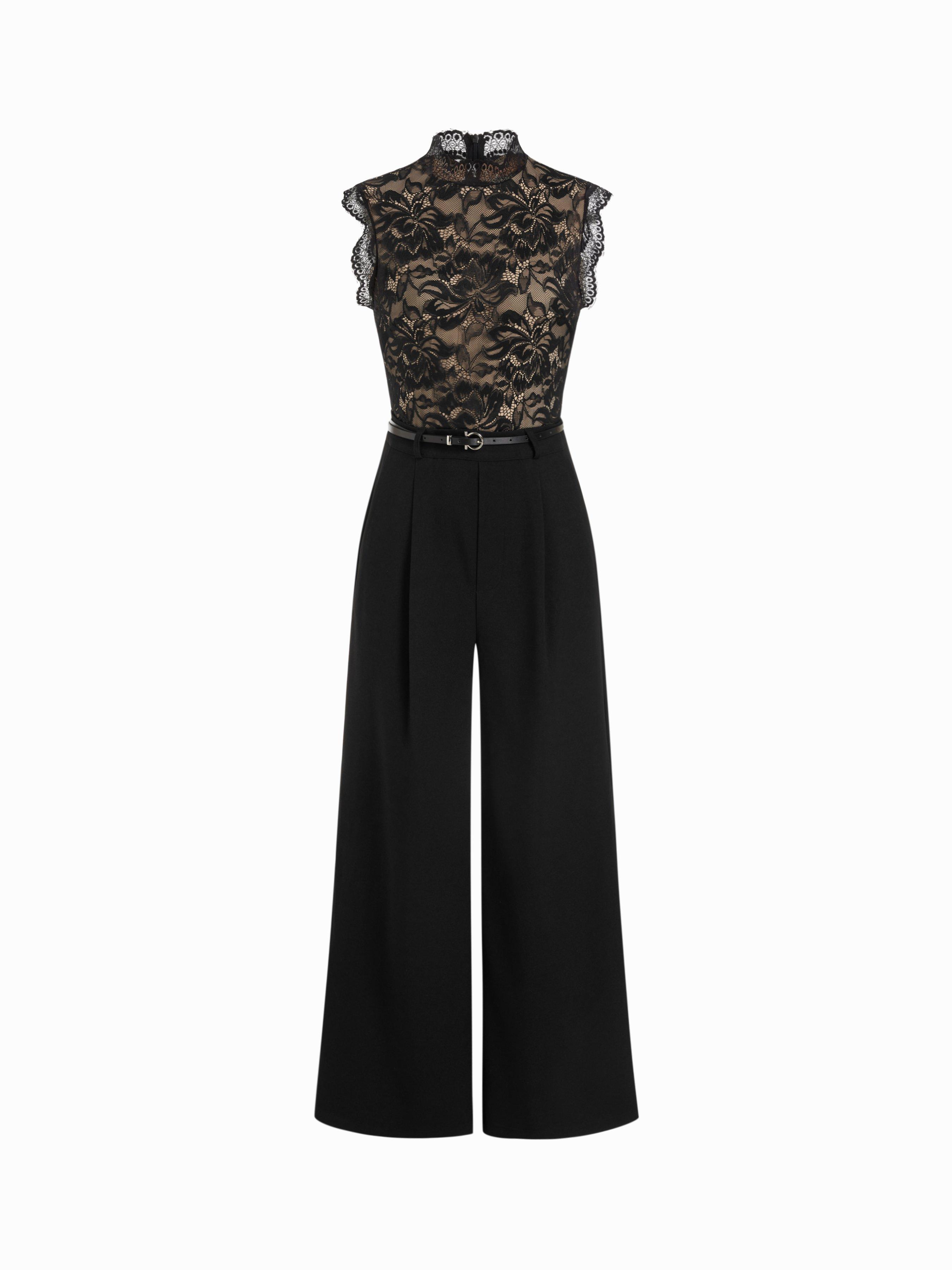 Lace Stand Collar Mid Rise Wide Leg Jumpsuit With Belt by CIDER