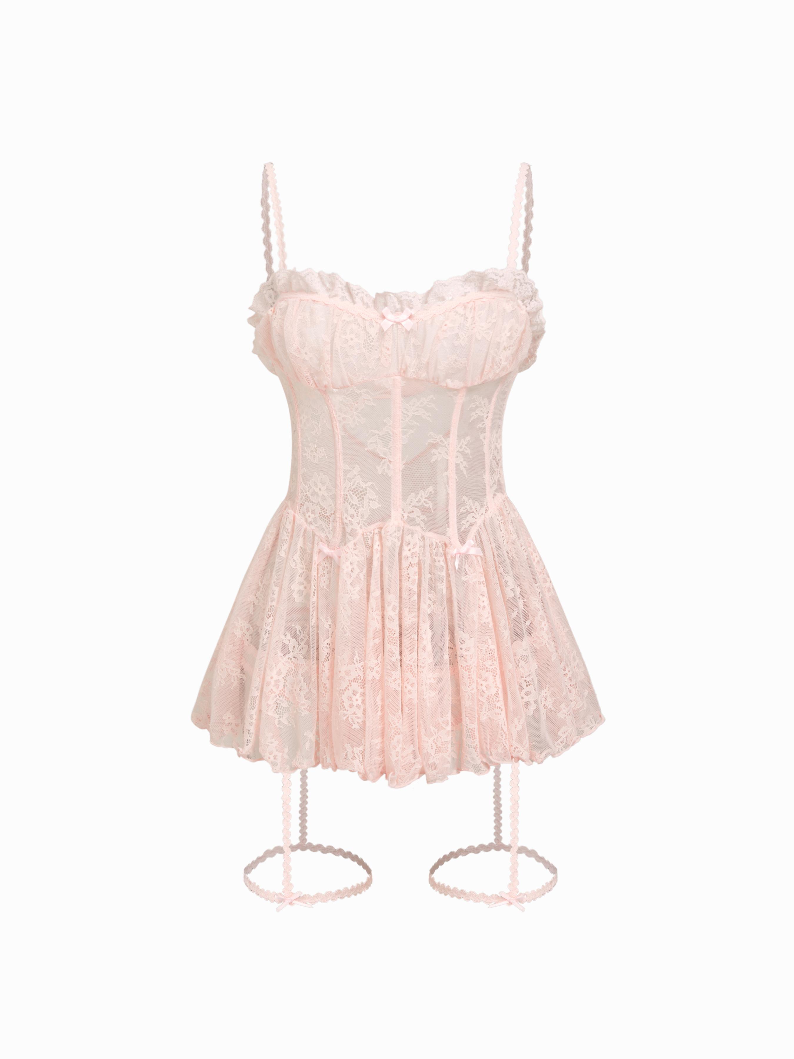 Lace Sweetheart Bowknot Lettuce Trim Lingerie With Brief Set by CIDER Lace Sweetheart Bowknot Lettuce Trim Lingerie With Brief Set by CIDER