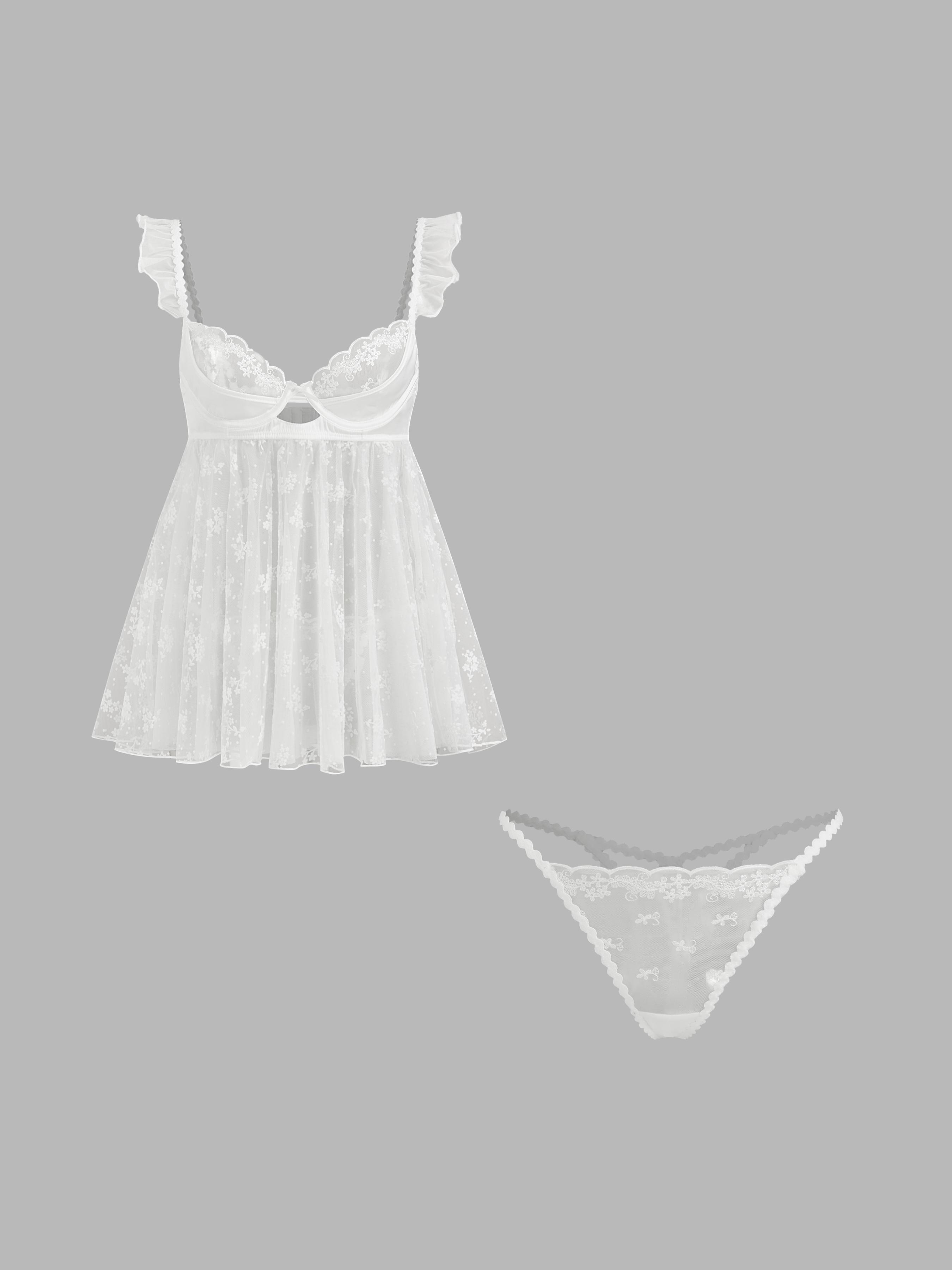 Lace Sweetheart Cut Out Ruffle Trim Top With Thong Set by CIDER