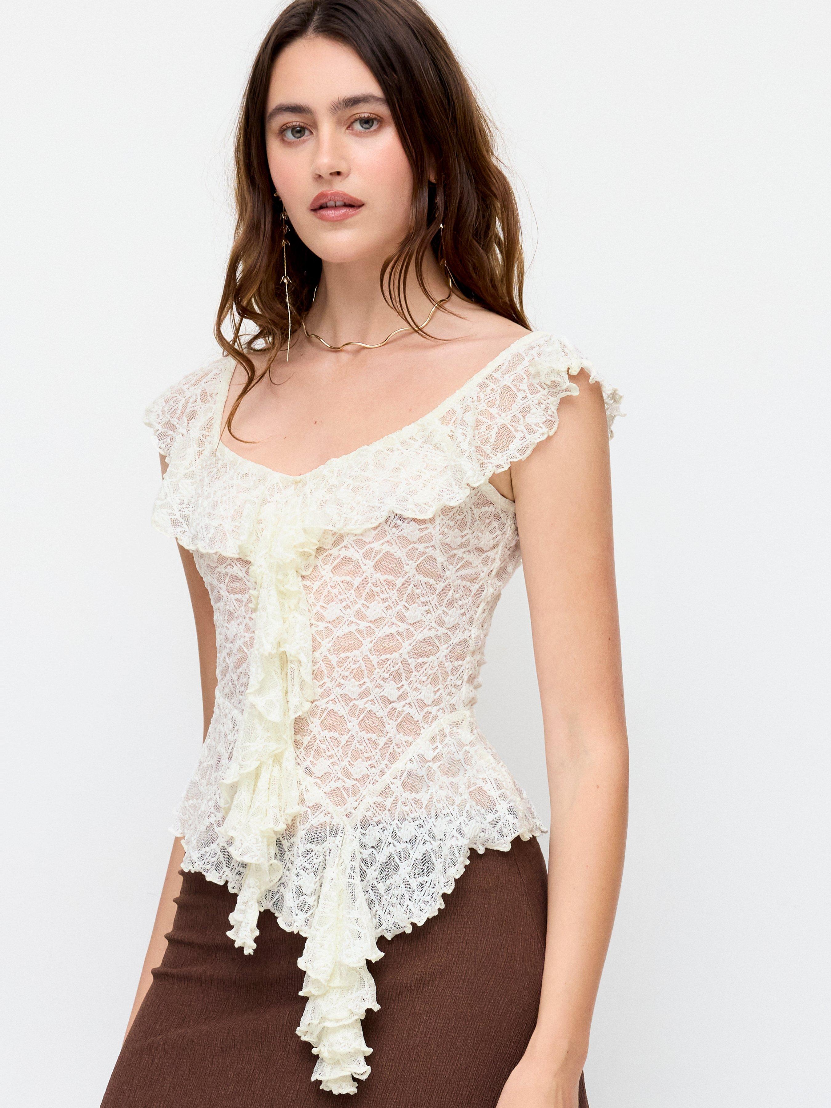 Lace Sweetheart Neck Asymmetrical Hem Ruffled Trim Blouse by CIDER