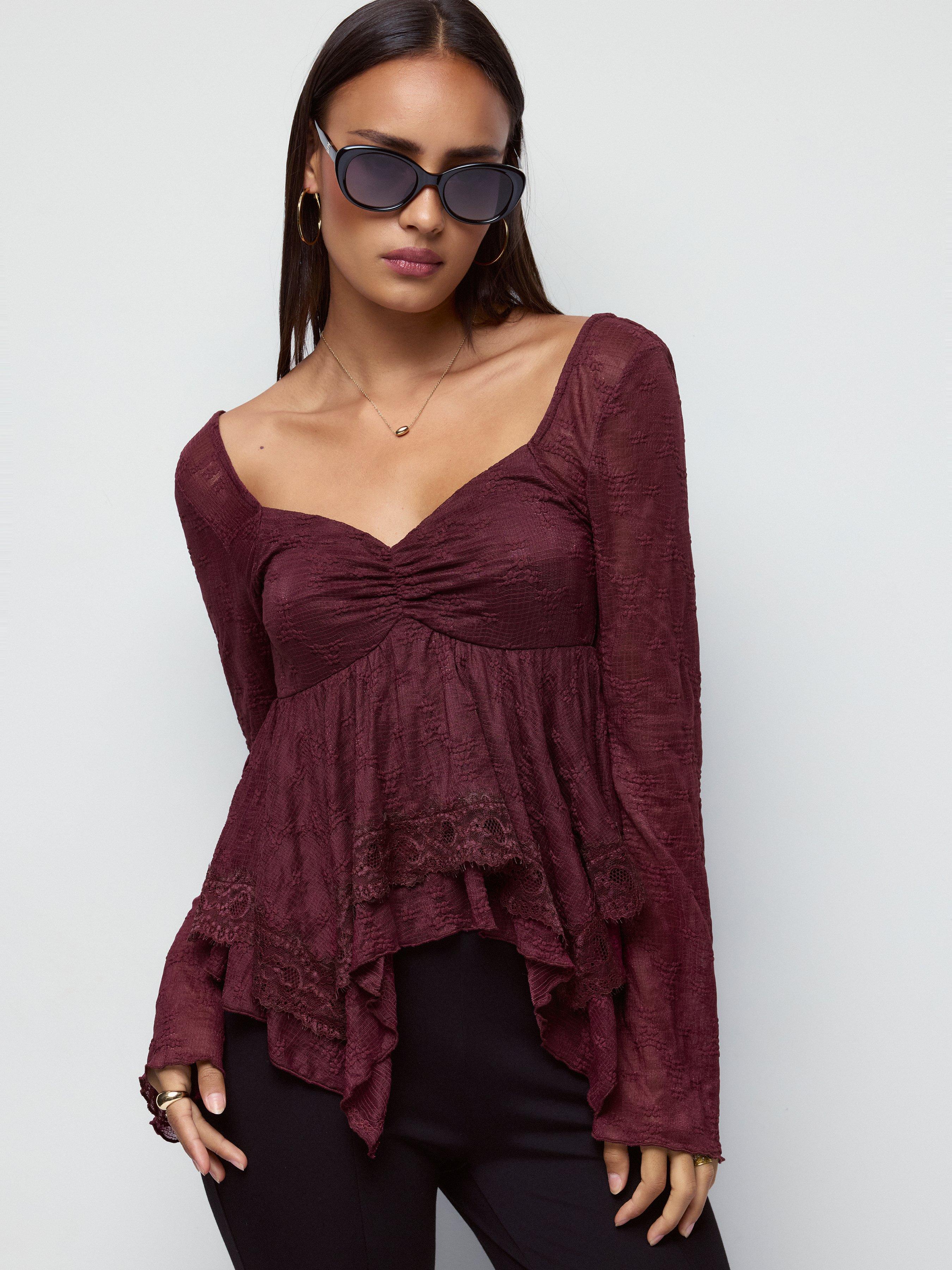 Lace Sweetheart Neck Bell Sleeve Ruched Hanky Hem Crop Top by CIDER