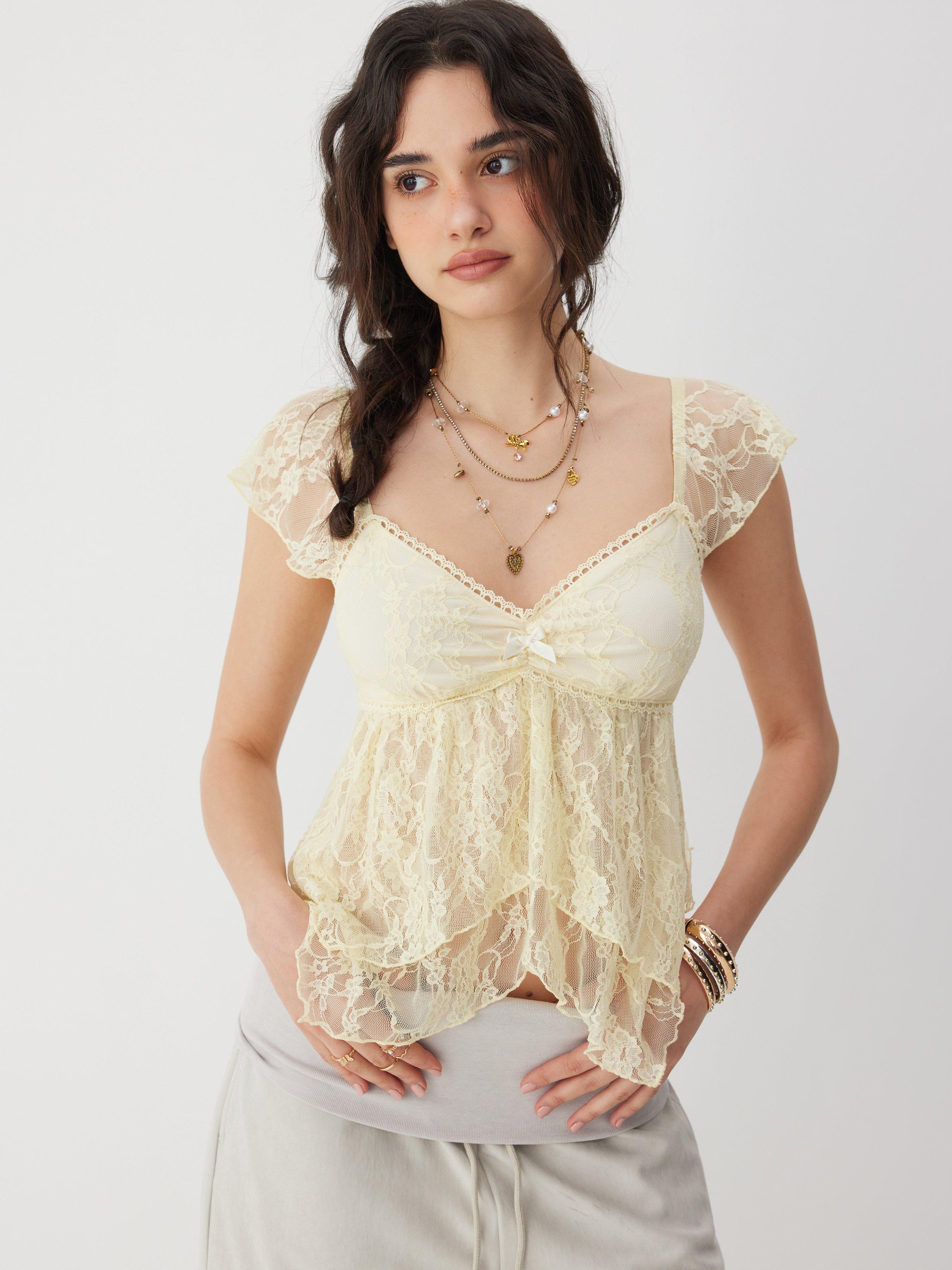 Lace Sweetheart Neck Ruffle Sleeve Bowknot Asymmetrical Hem Top by CIDER