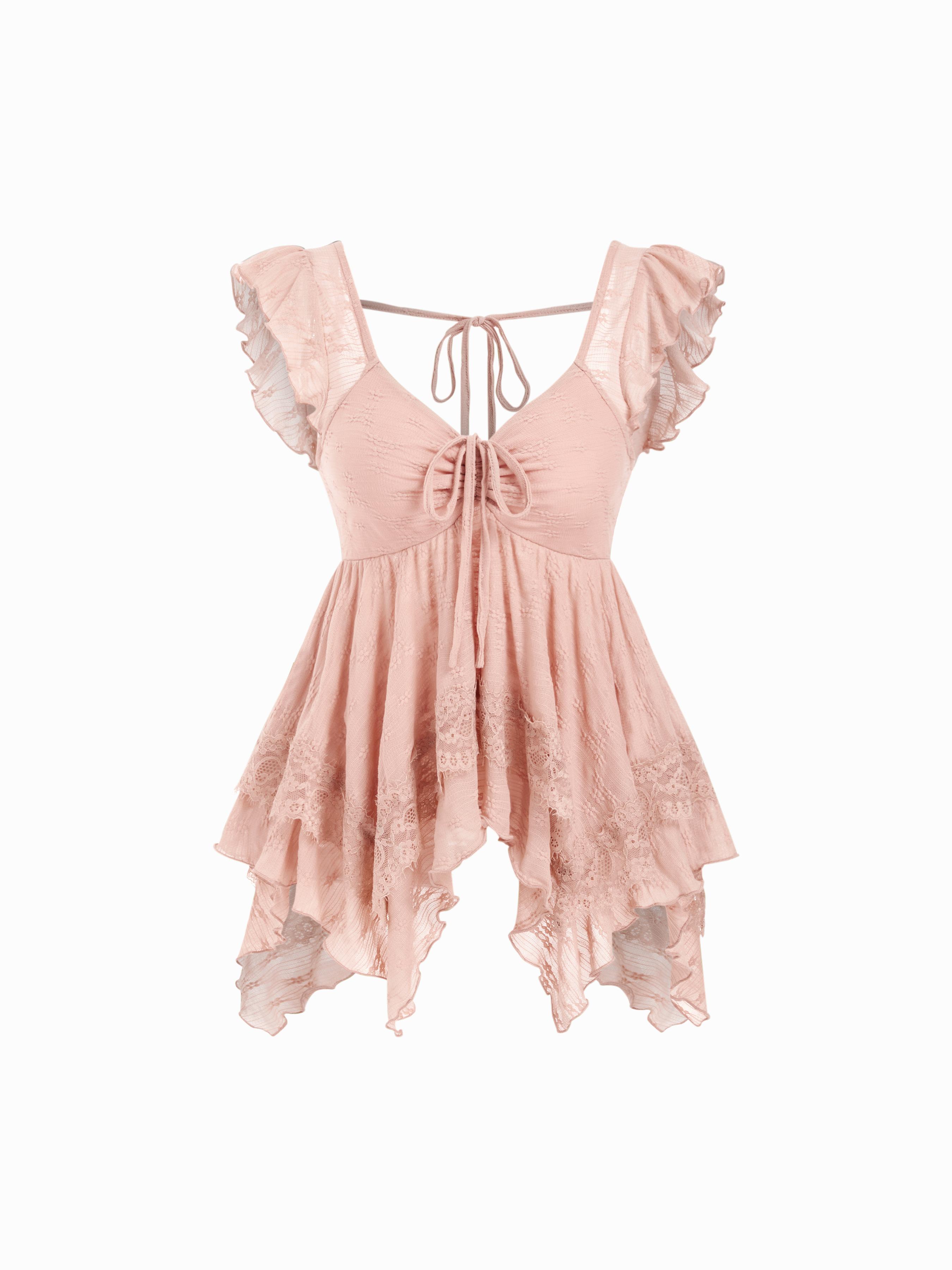 Lace Sweetheart Ruffle Hem Knotted Short Sleeve Top by CIDER