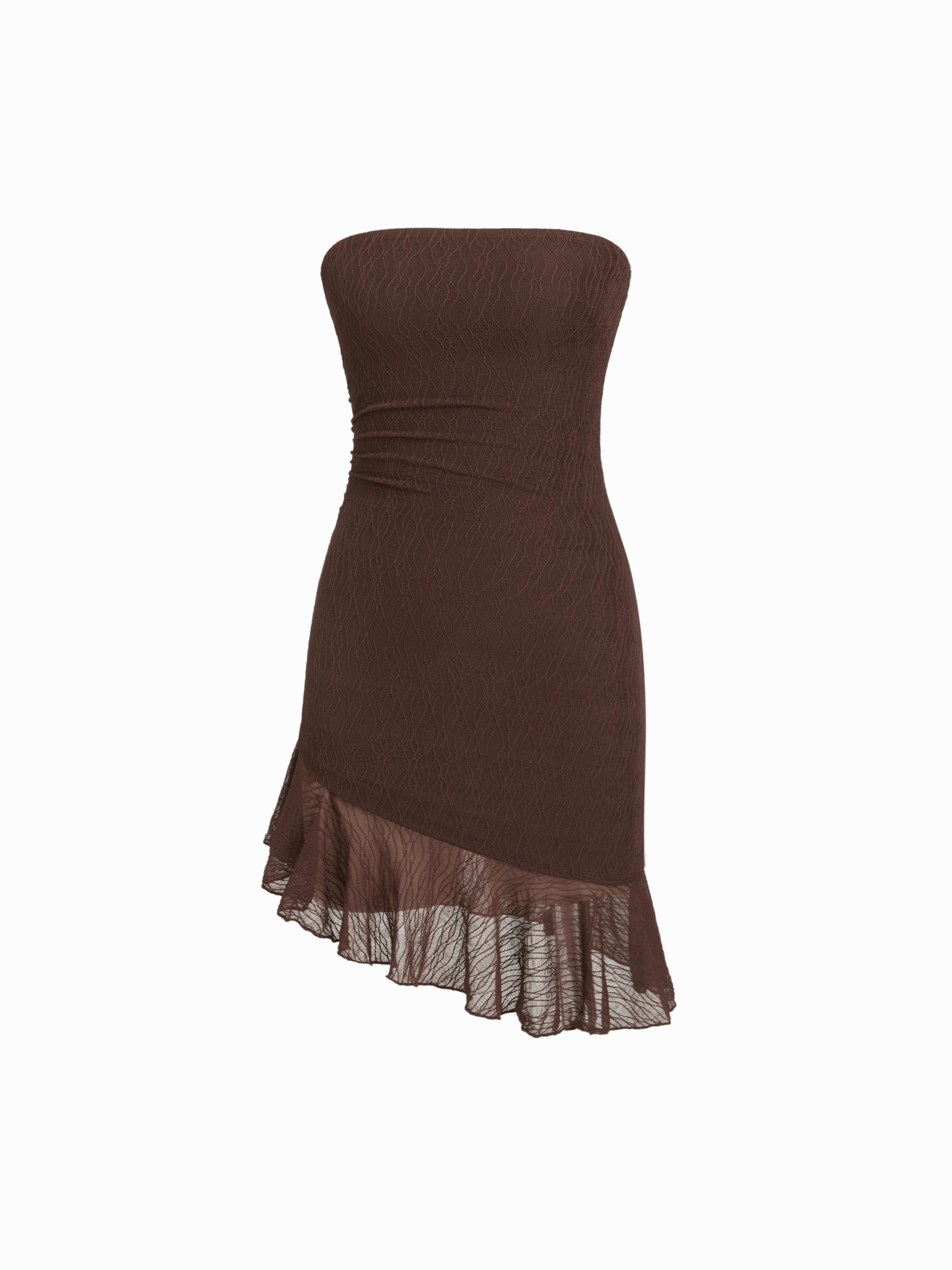 Lace Texture Ruched Ruffle Bandeau Mini Dress by CIDER