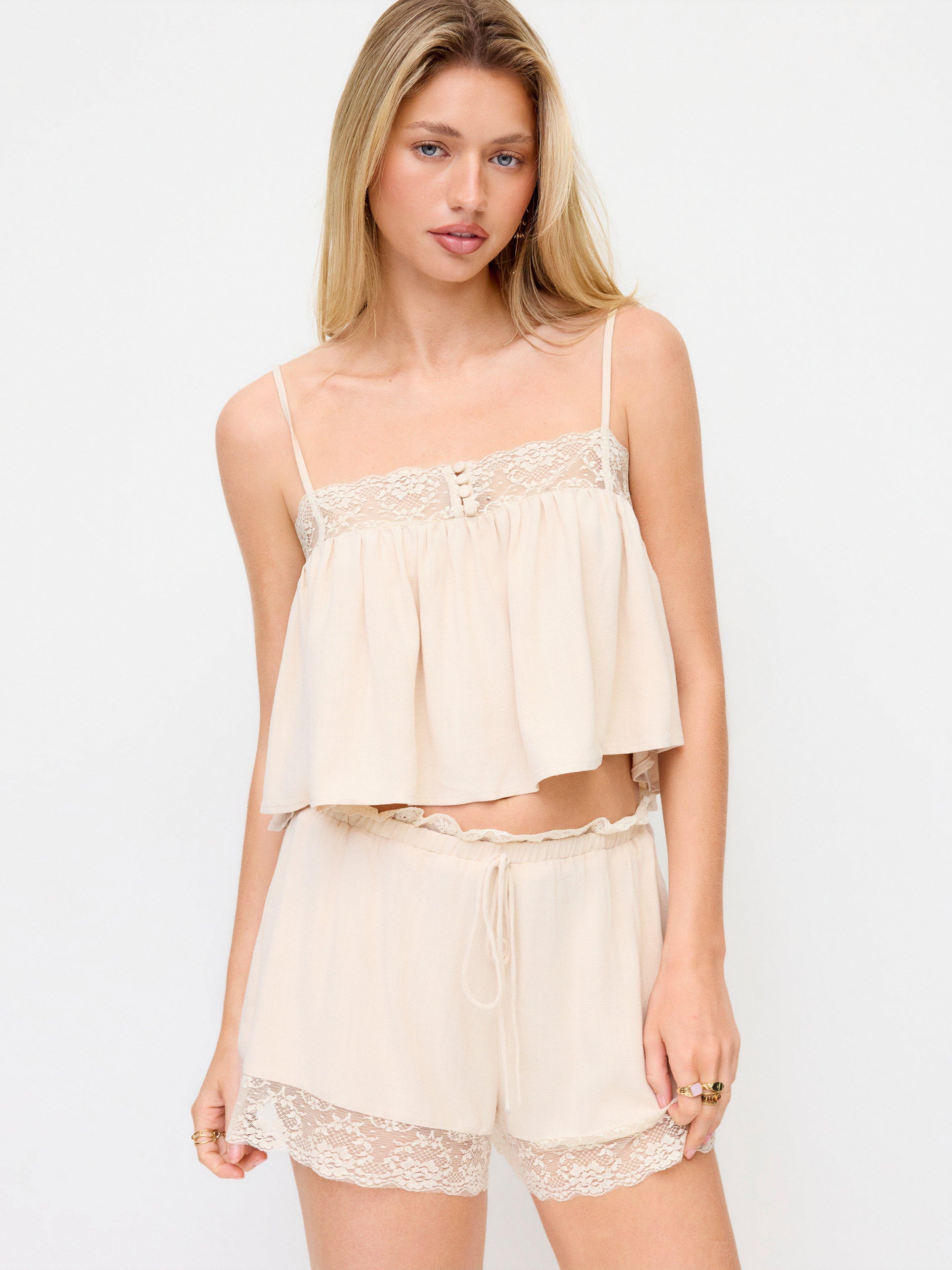 Lace Trim Crop Top & Mid Rise Drawstring Shorts Loungewear Set by CIDER