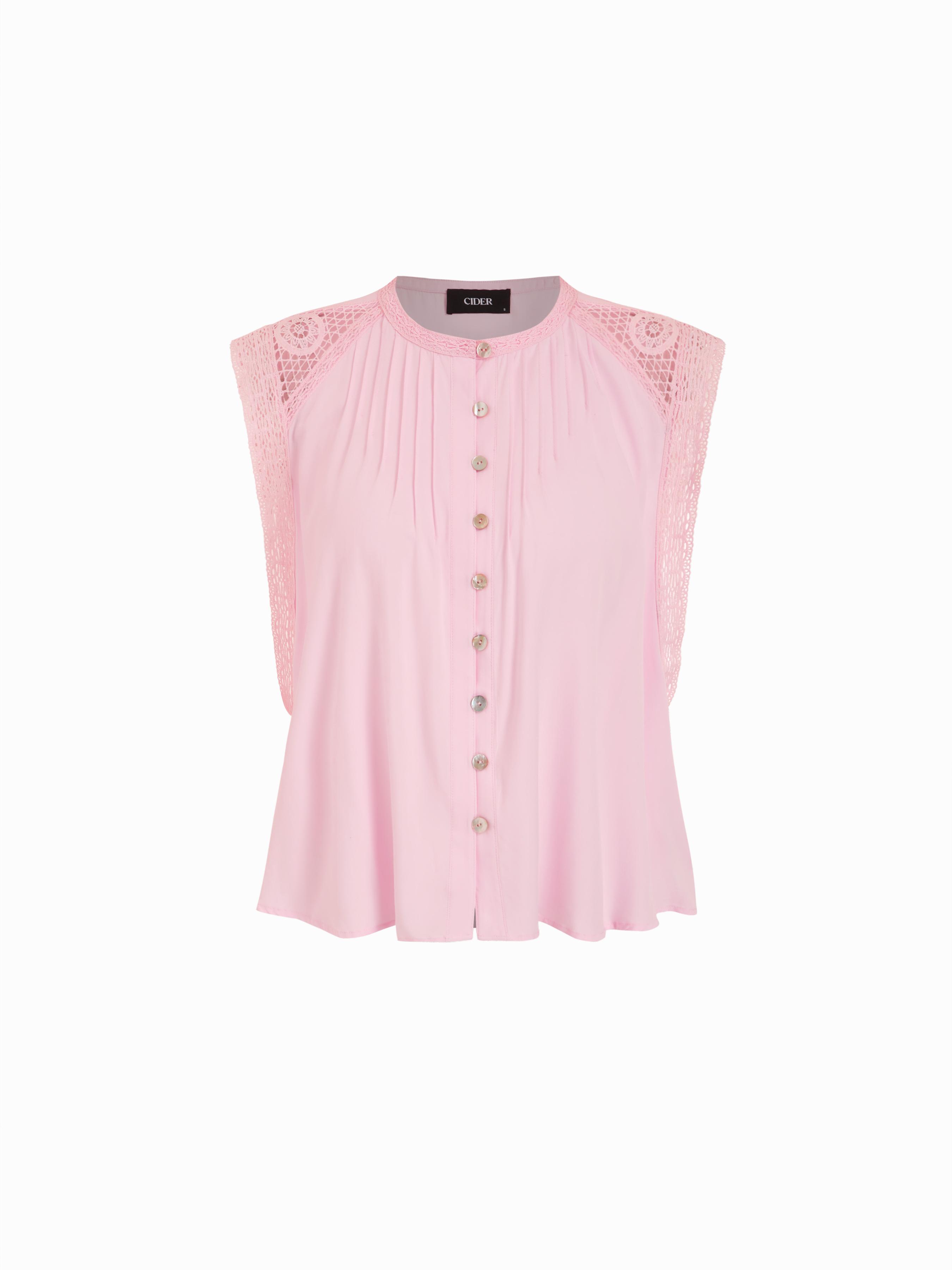 Lace Trim Pleated Button Oversized Blouse by CIDER