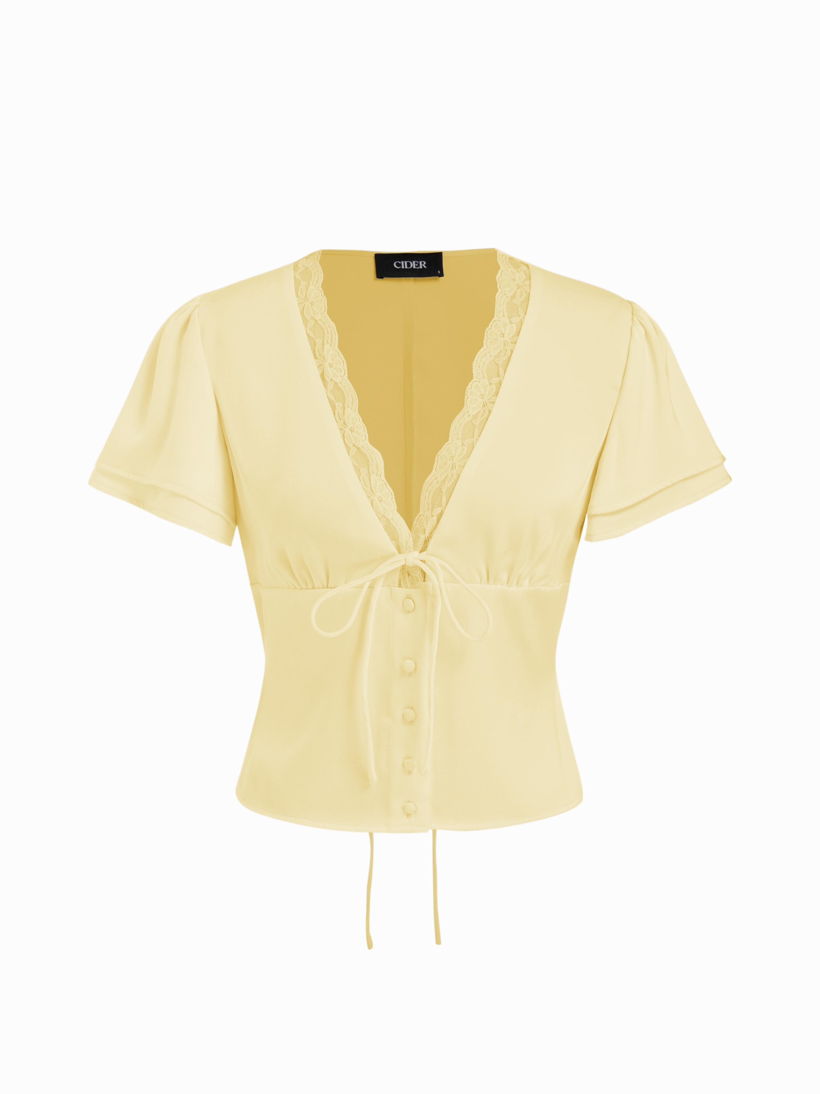 Lace Trim V-Neck Drawstring Short Sleeve Blouse by CIDER