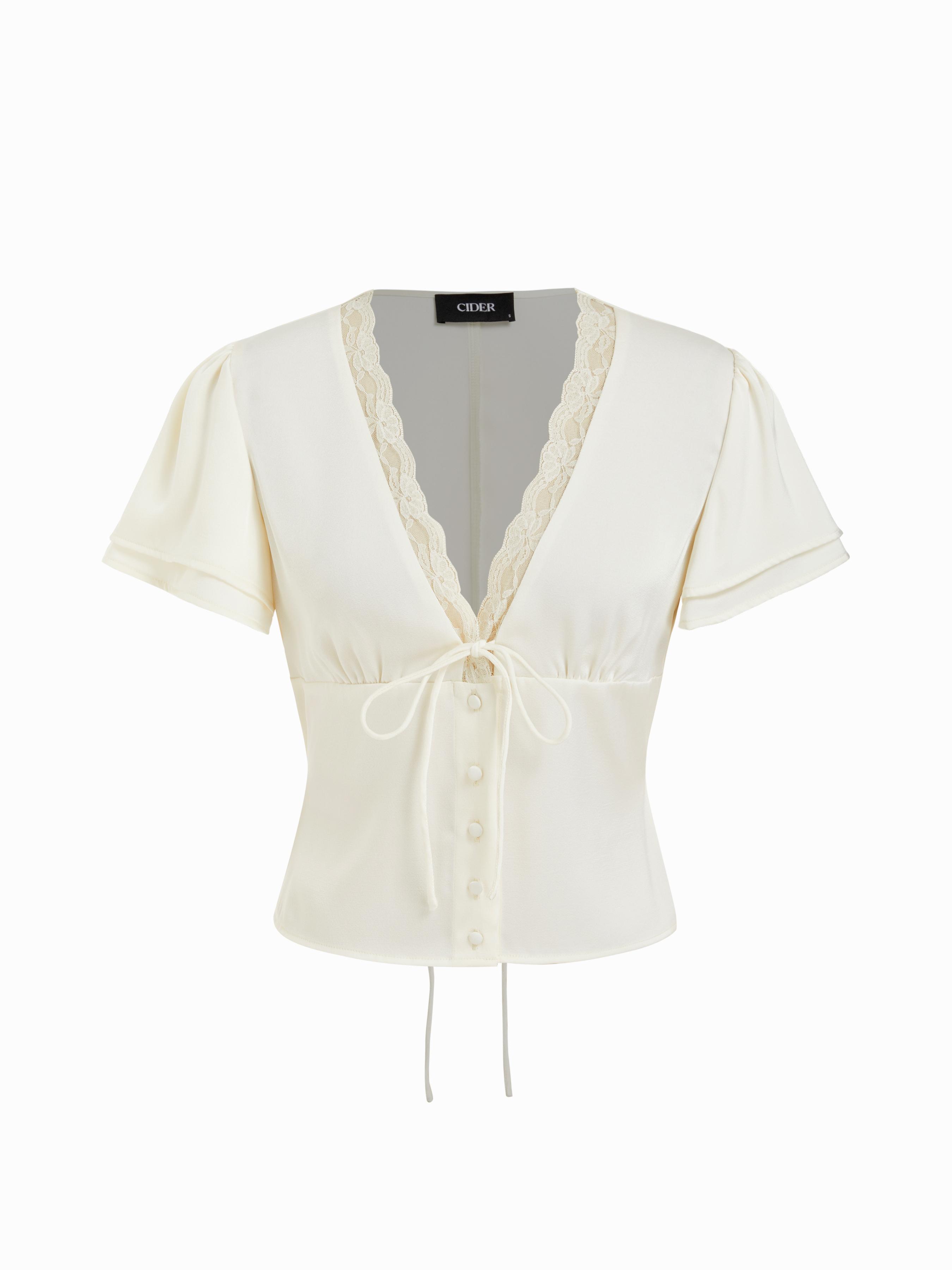 Lace Trim V-Neck Drawstring Short Sleeve Blouse by CIDER