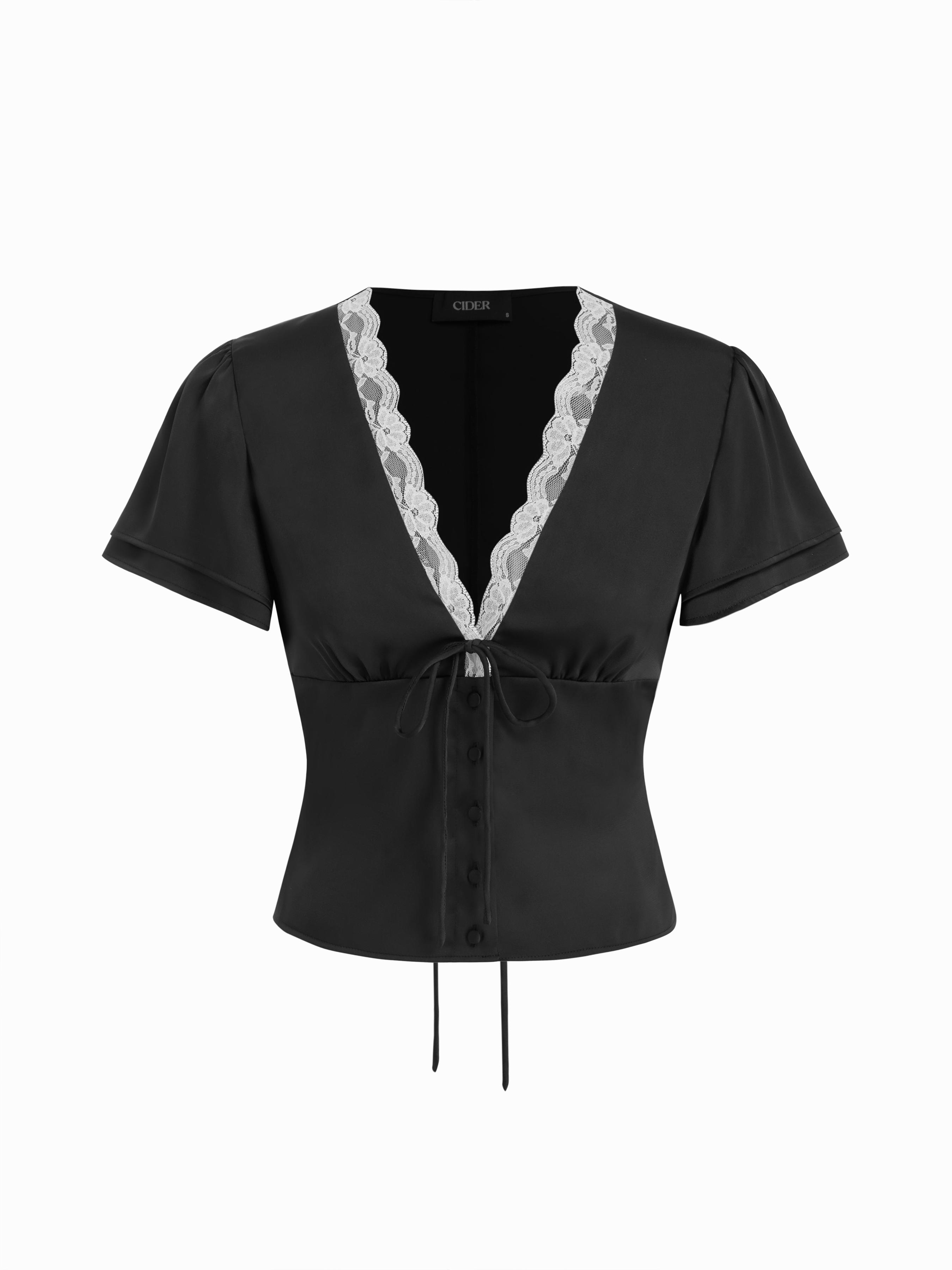 Lace Trim V-Neck Drawstring Short Sleeve Blouse by CIDER
