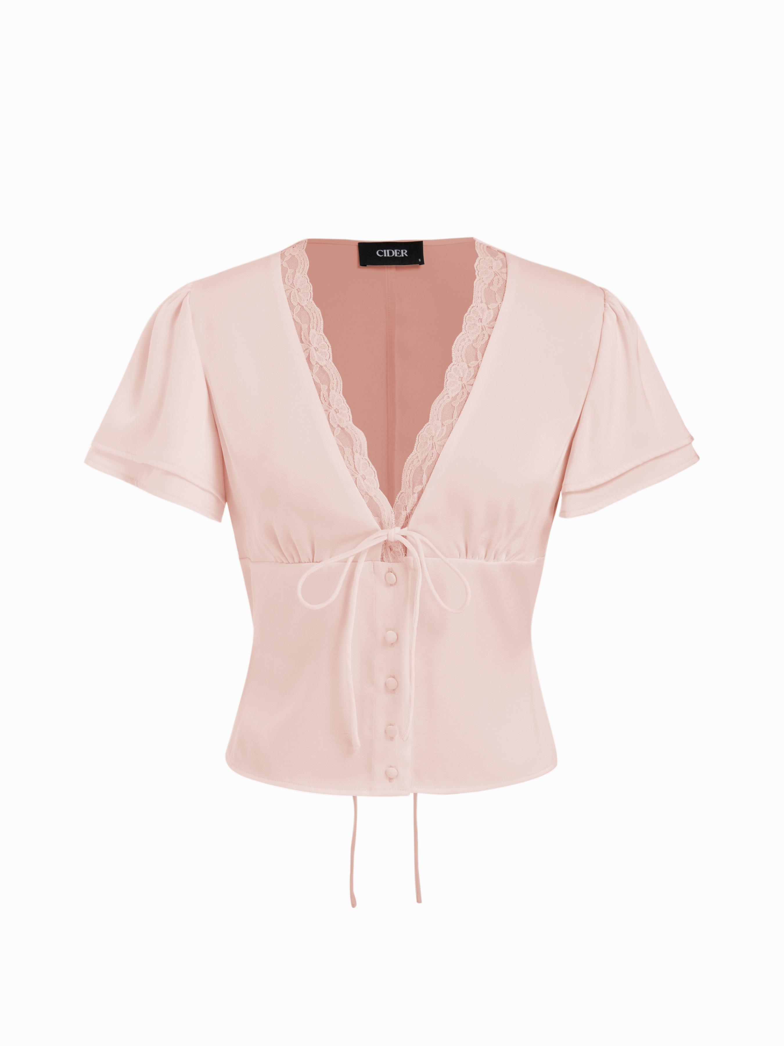 Lace Trim V-Neck Drawstring Short Sleeve Blouse by CIDER