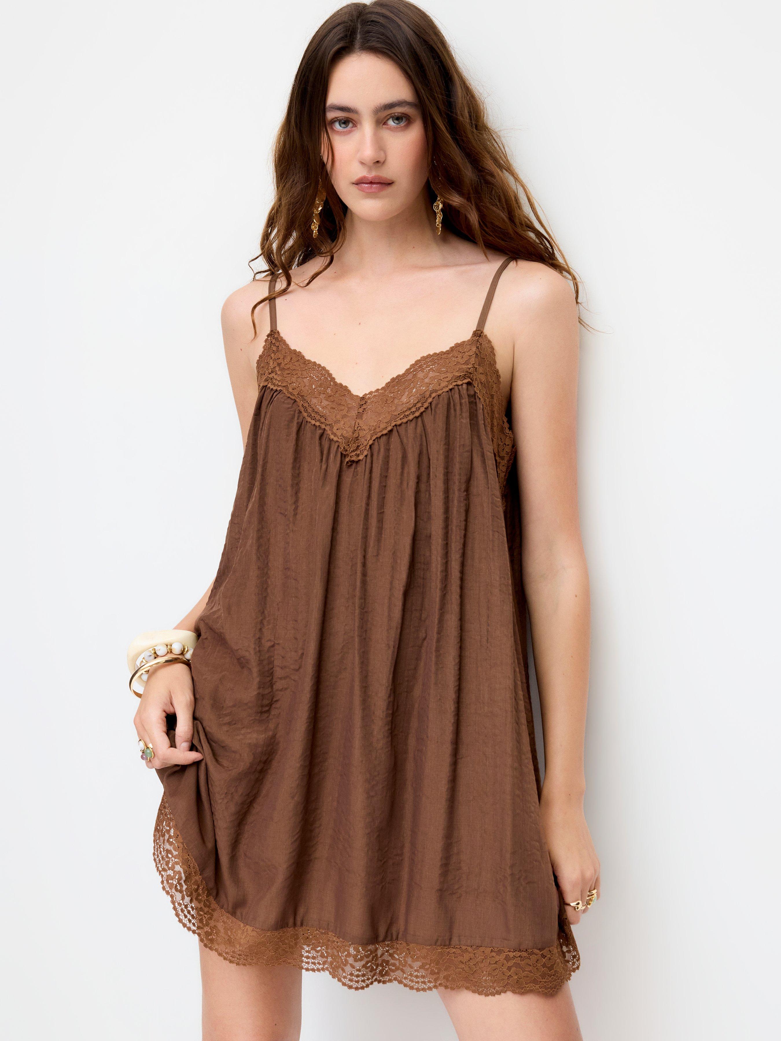Lace Trim V-neck A-line Mini Dress by CIDER