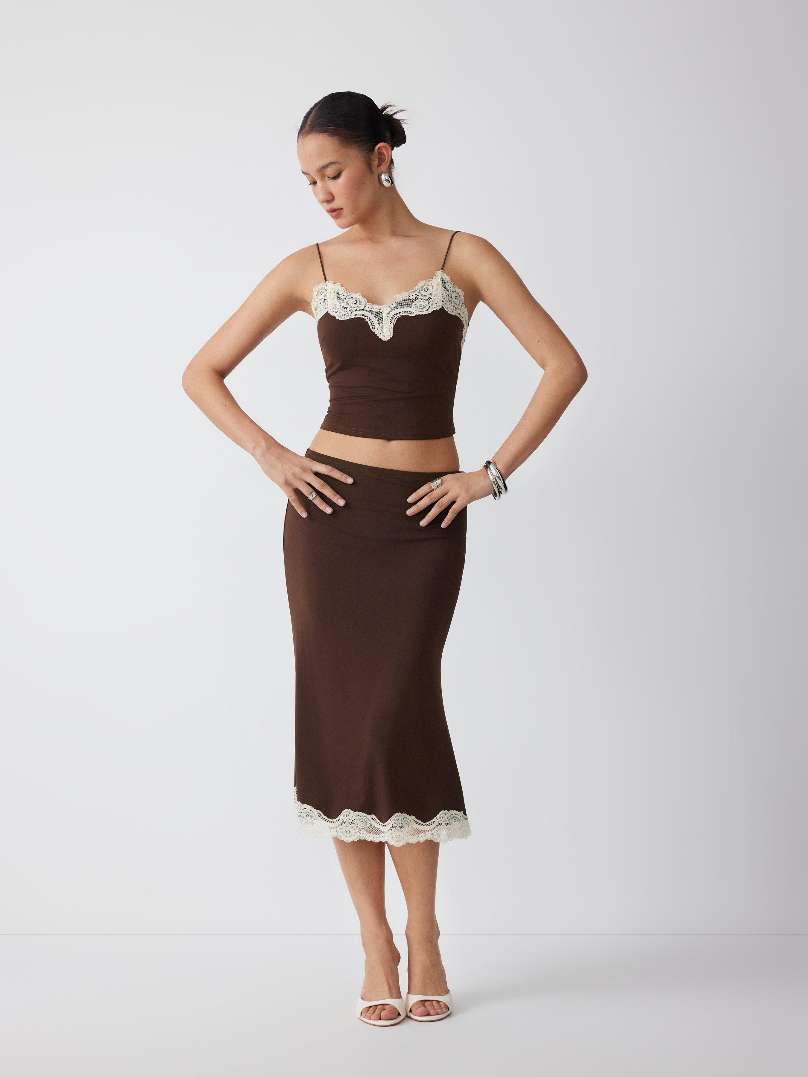Lace Trim V-neck Cami Top & Low Rise Midi Skirt Set by CIDER