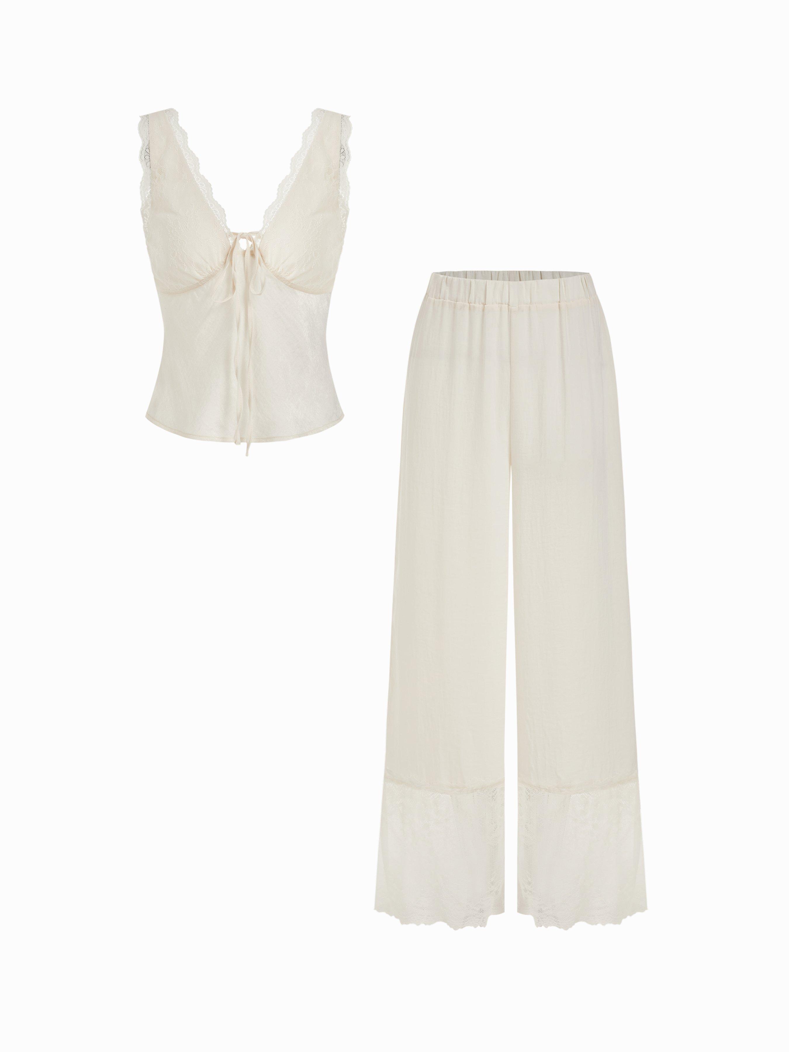 Lace Trim V-neck Top & High Rise Wide Leg Trousers Loungewear Set by CIDER