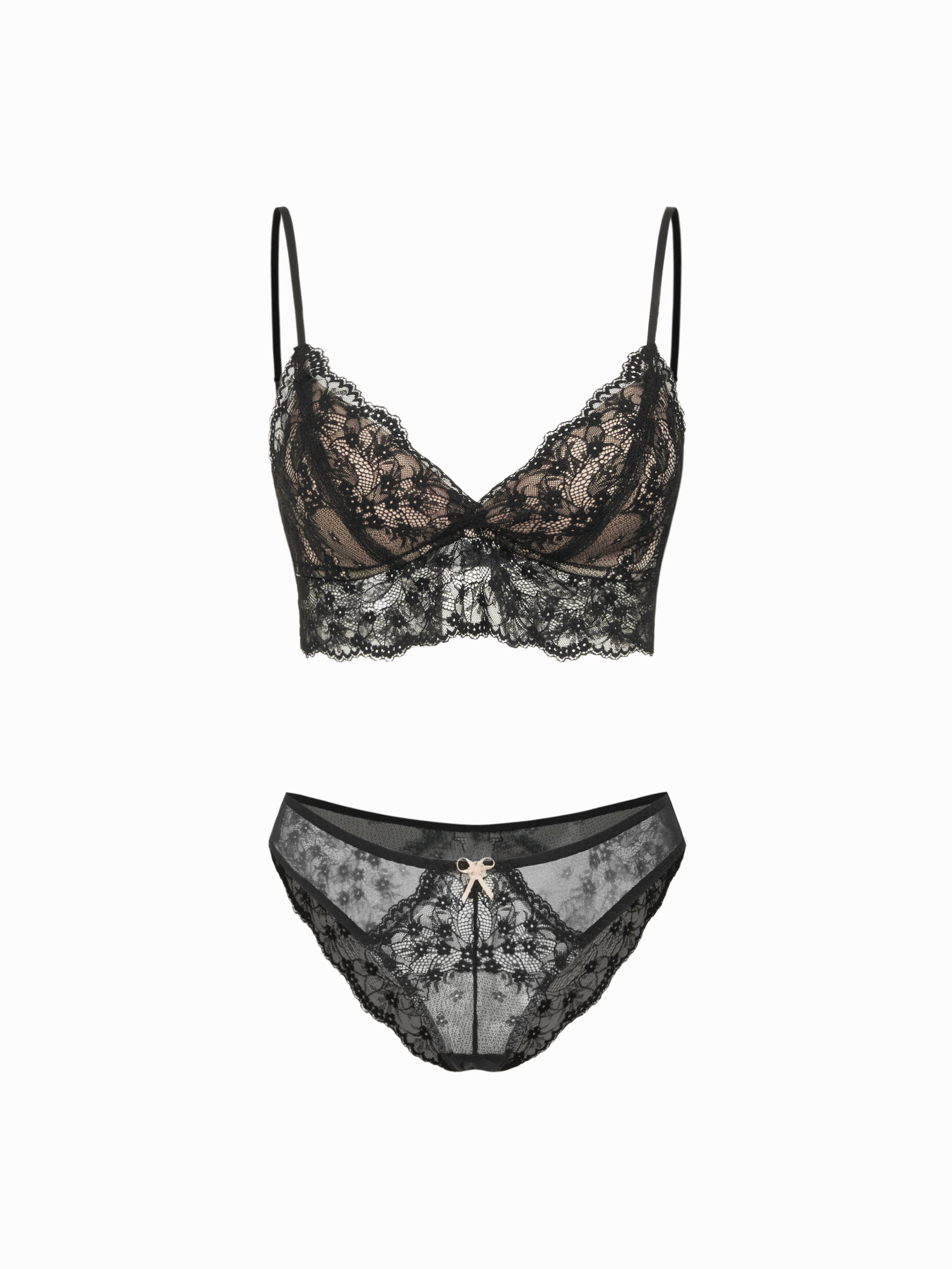 Lace V-Neck Plunge Bra & Mid Rise Briefs Lingerie Set by CIDER