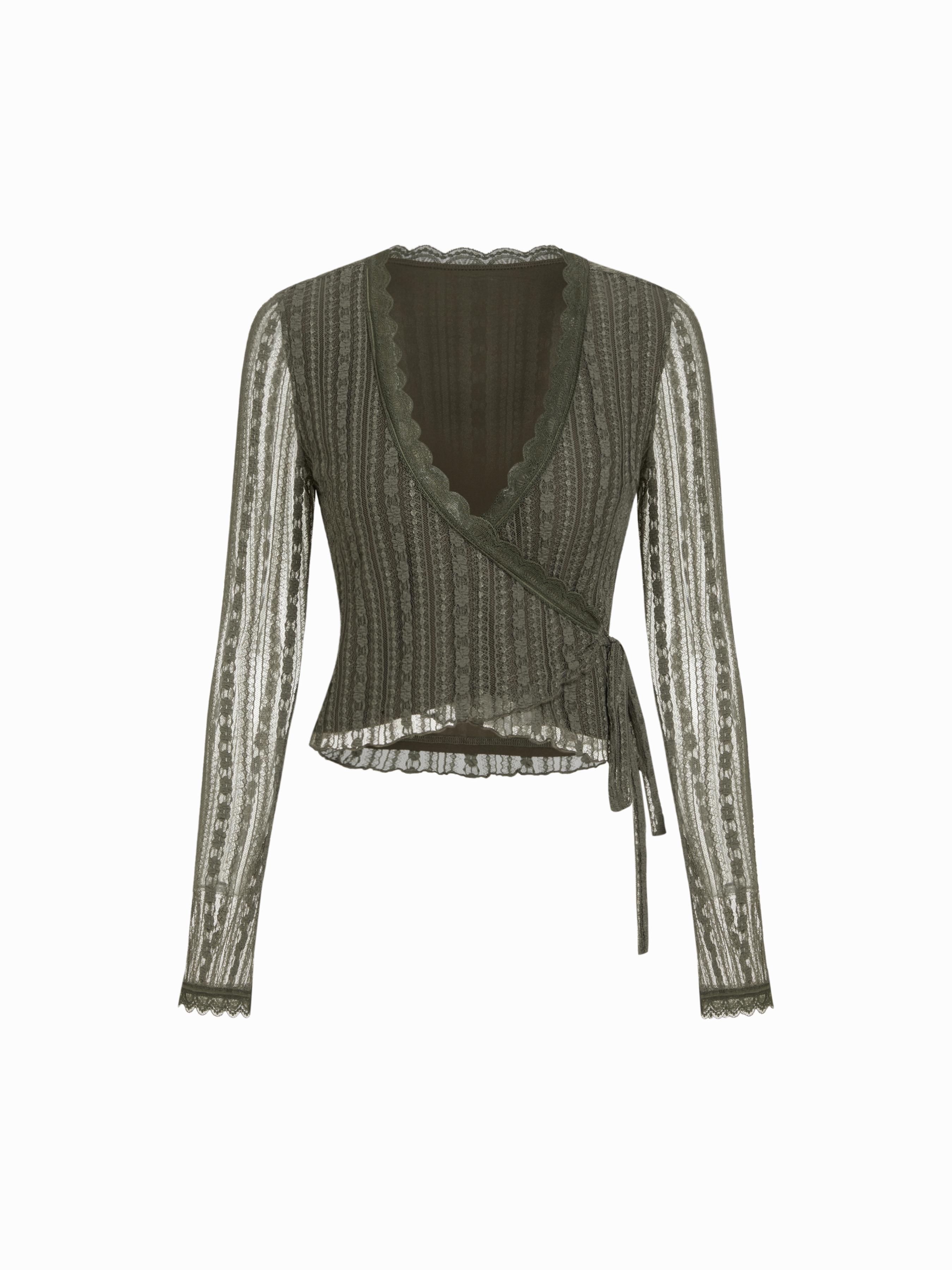 Lace V-Neck Wrap Long Sleeve Top by CIDER