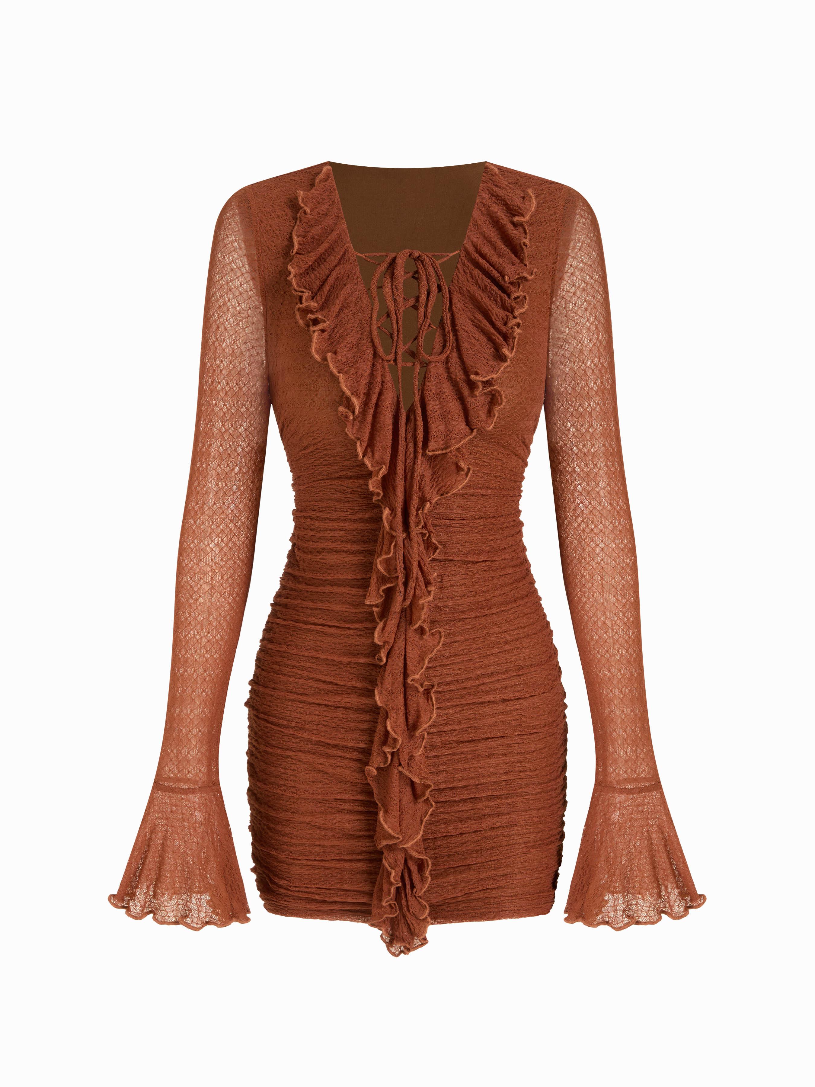 Lace V-neck Bell Sleeve Lace Up Ruched Ruffle Lettuce Trim Mini Dress by CIDER