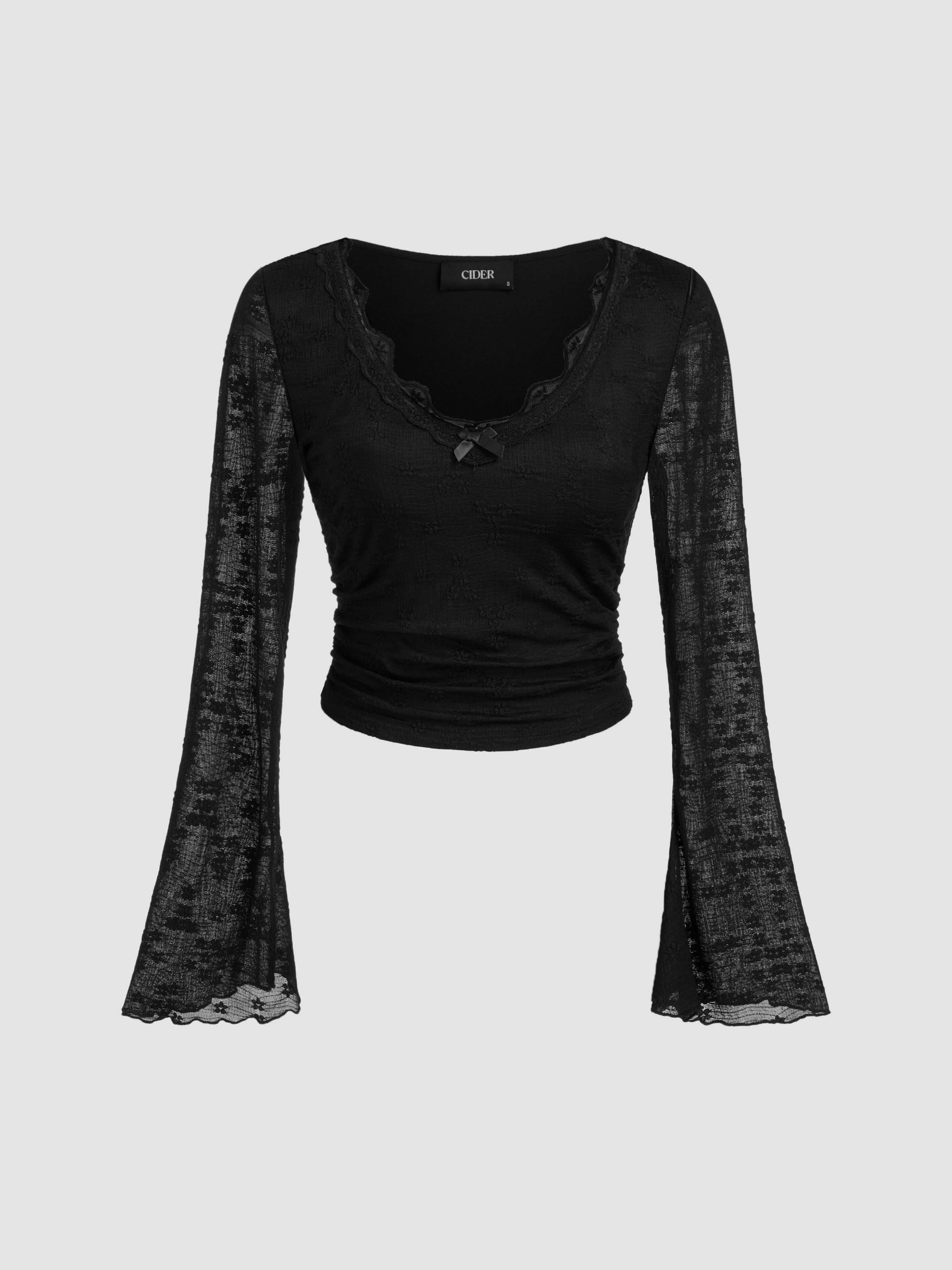Lace V-neck Bowknot Ruched Long Sleeve Top by CIDER