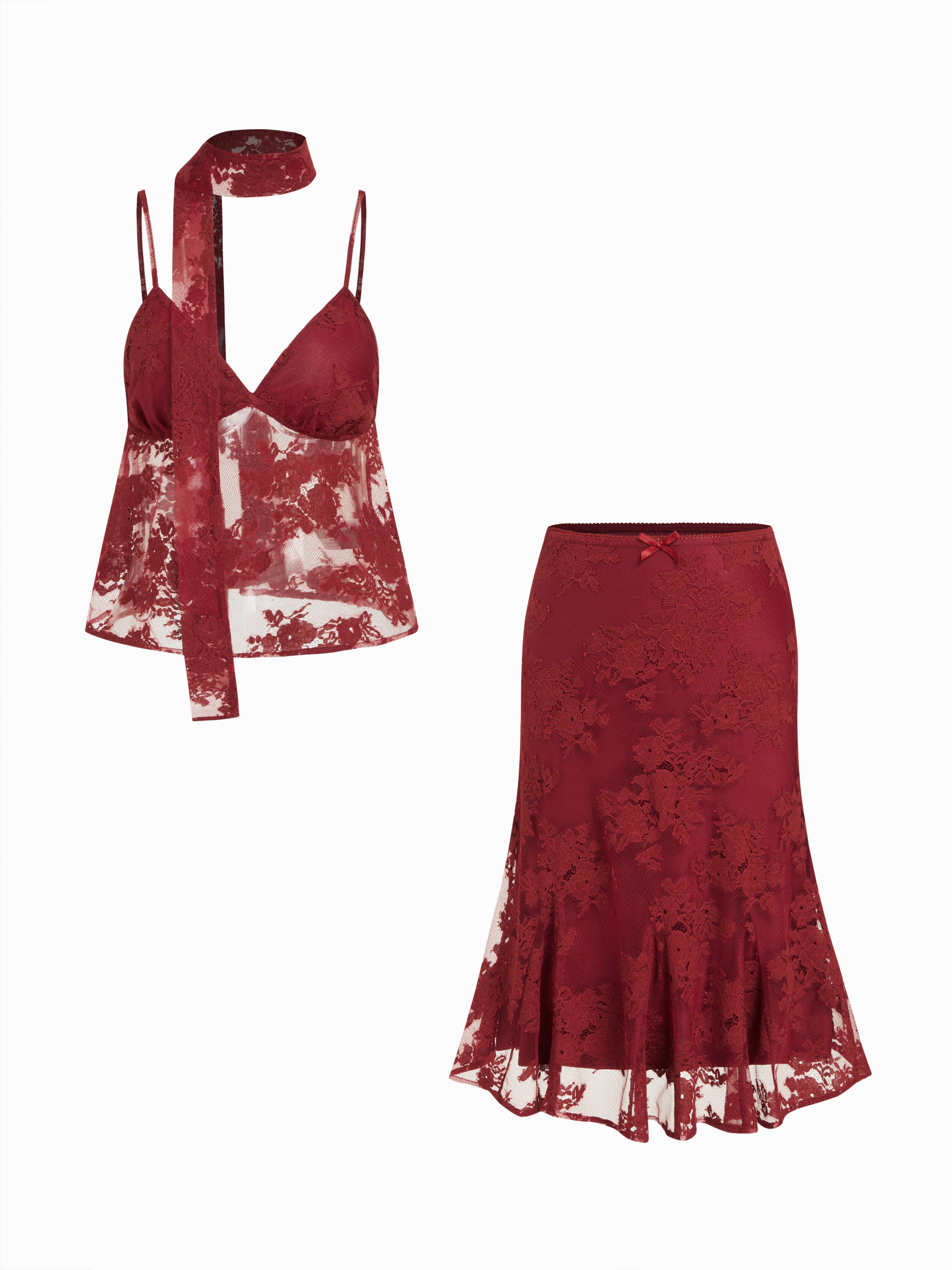 Lace V-neck Cami Top & Mid Rise Midi Skirt Set by CIDER