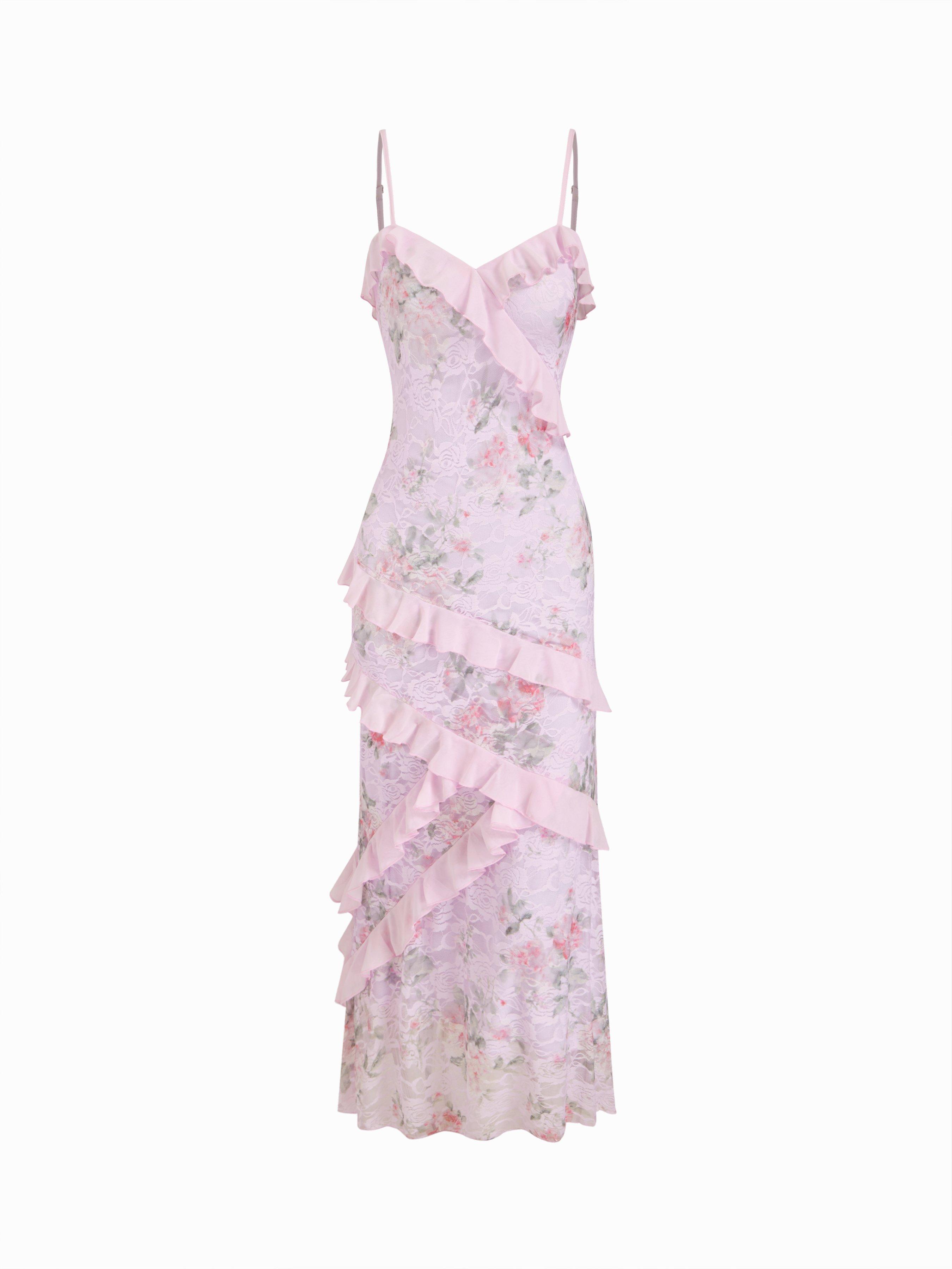 Lace V-neck Floral Ruffle Maxi Dress by CIDER