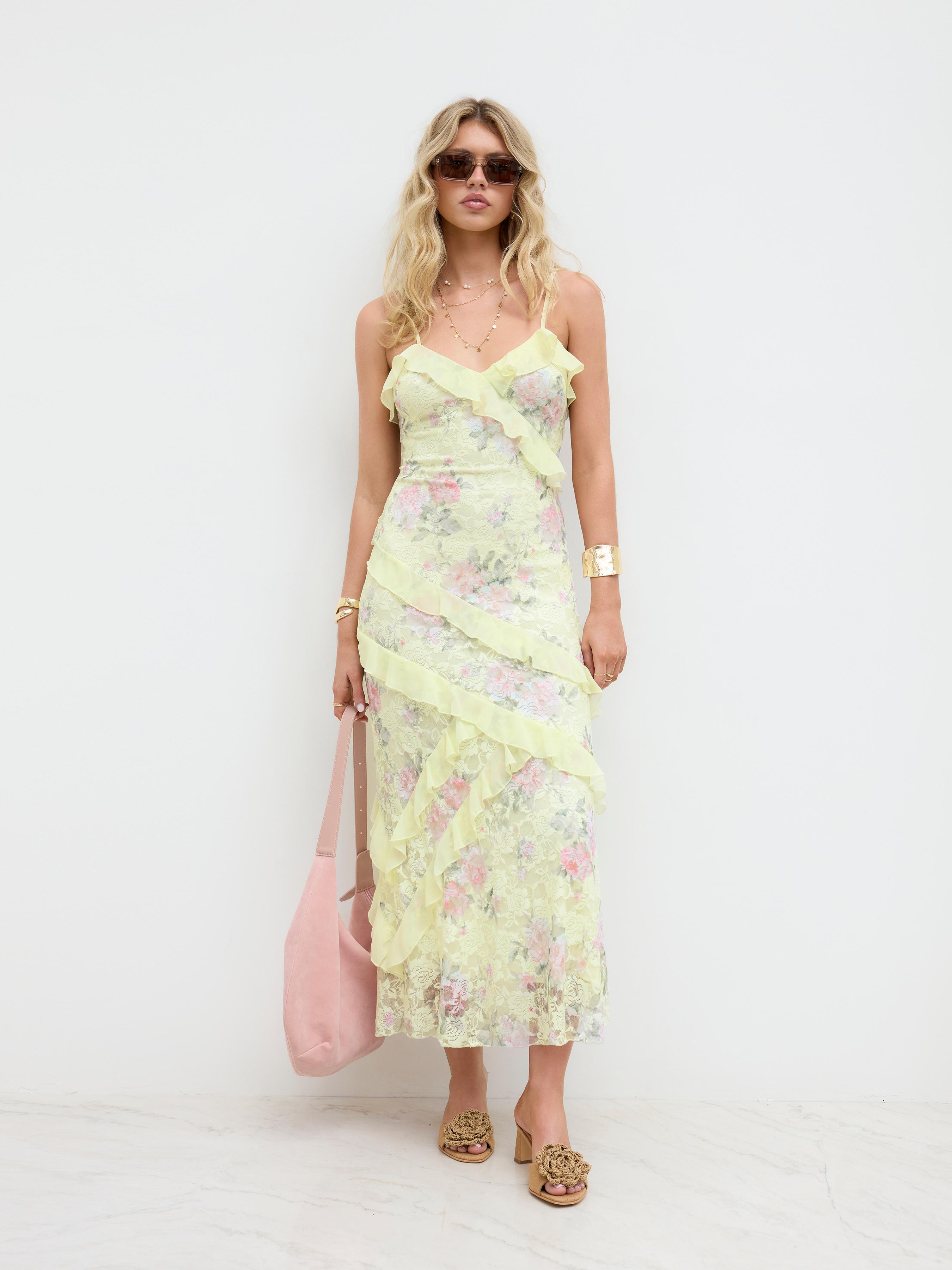 Lace V-neck Floral Ruffle Maxi Dress by CIDER