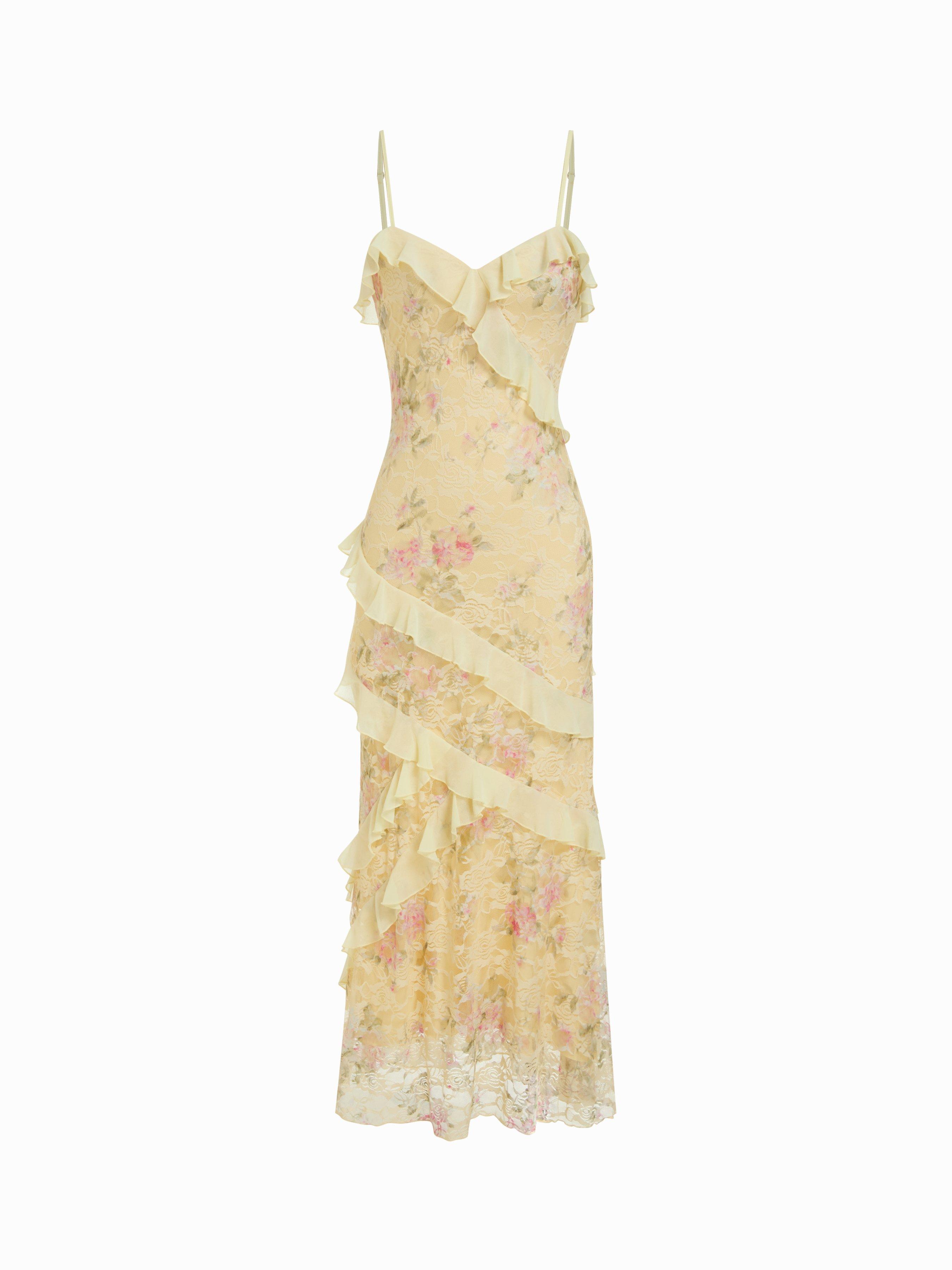 Lace V-neck Floral Ruffle Maxi Dress by CIDER