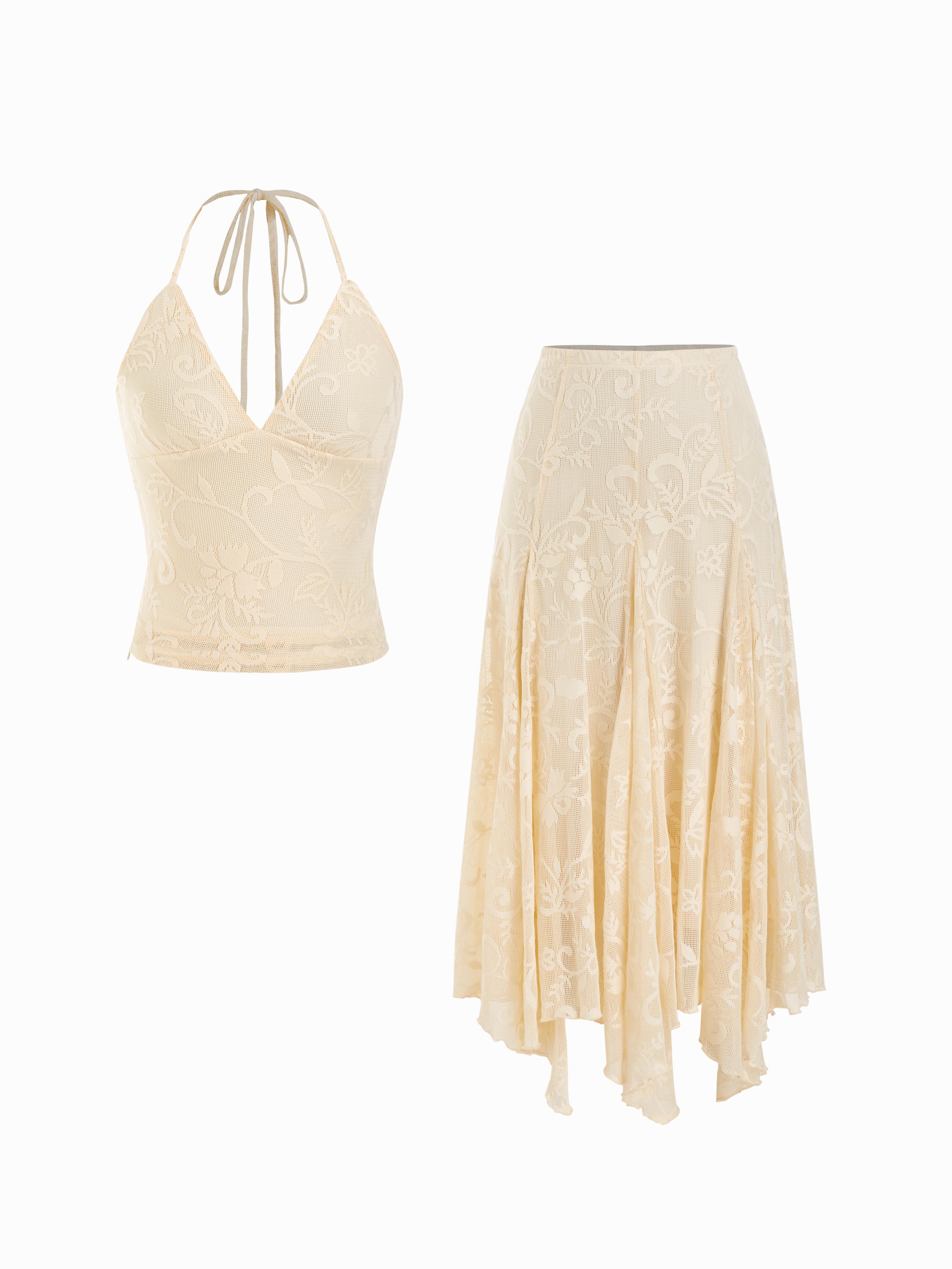 Lace V-neck Halter Neck Top & Asymmetrical Ruffle Midi Skirt Set by CIDER