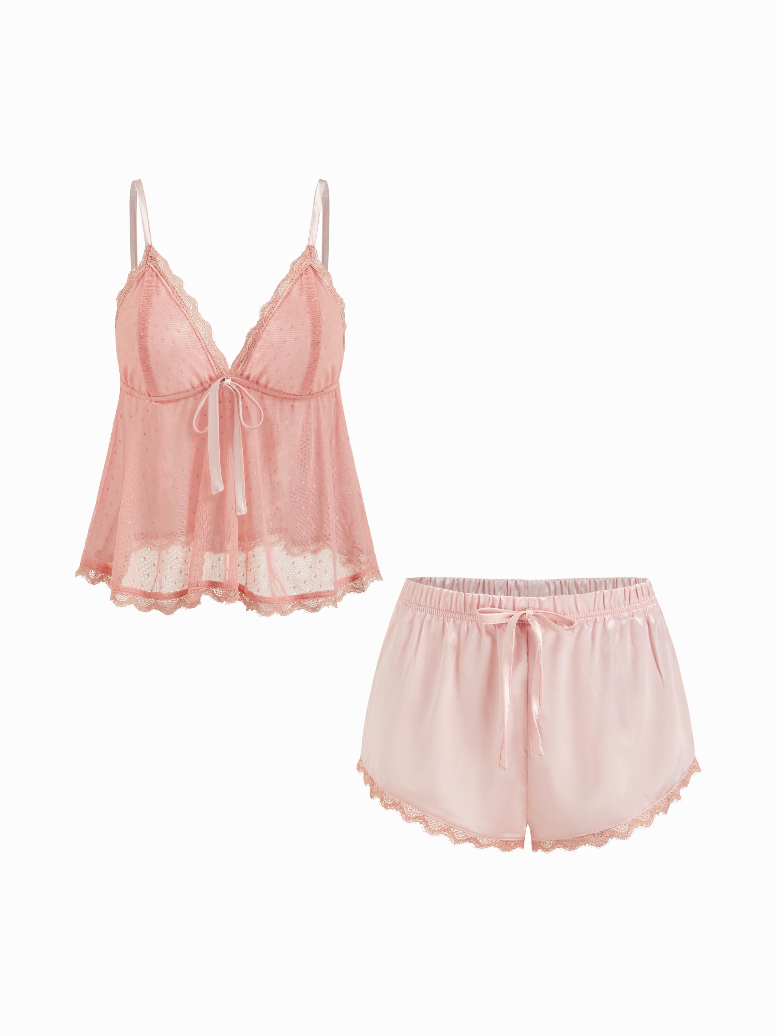 Lace V-neck Knotted Cami Top & Satin Mid Rise Lace Trim Shorts Loungewear Set by CIDER