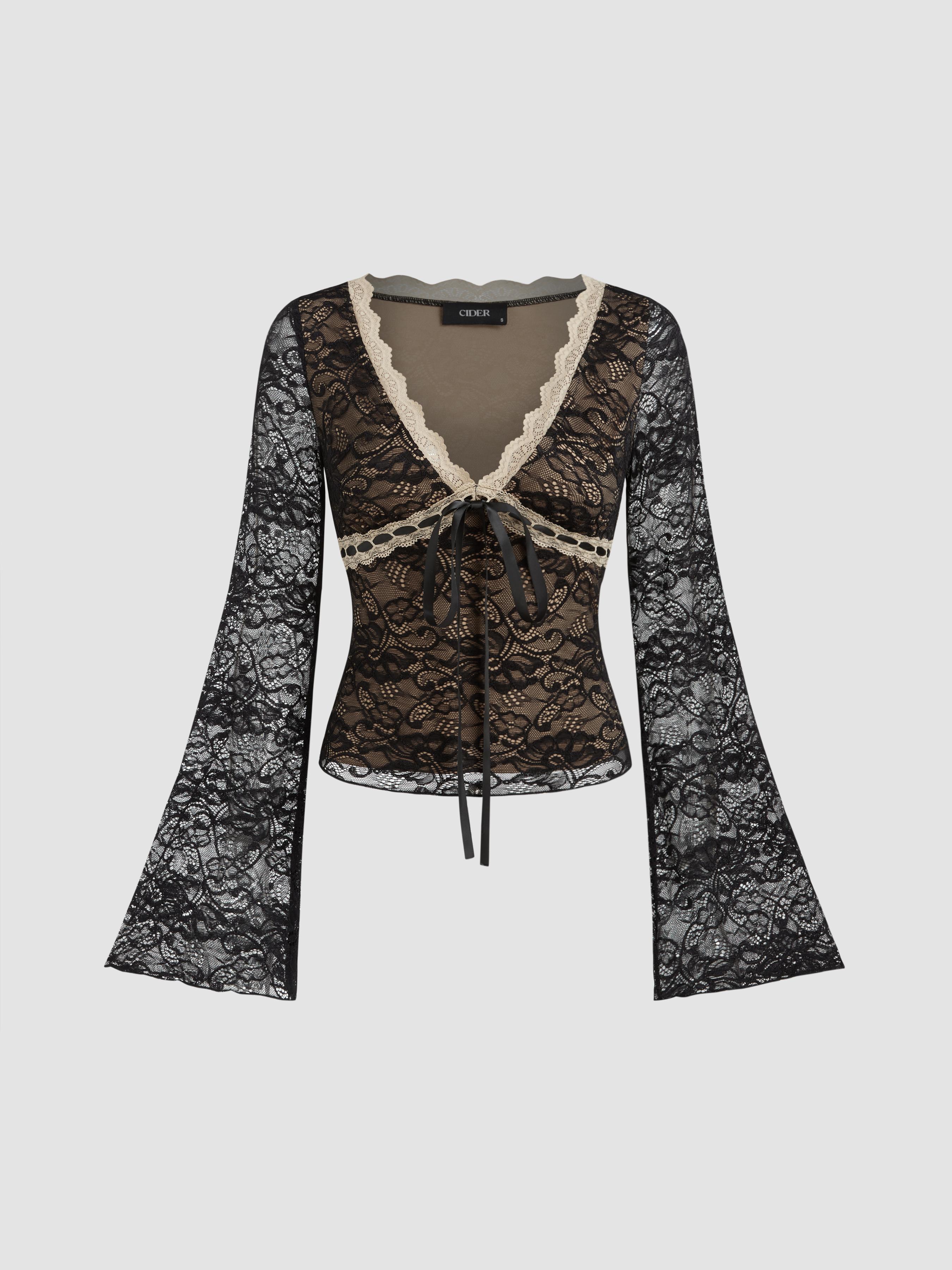 Lace V-neck Knotted Long Sleeve Top by CIDER