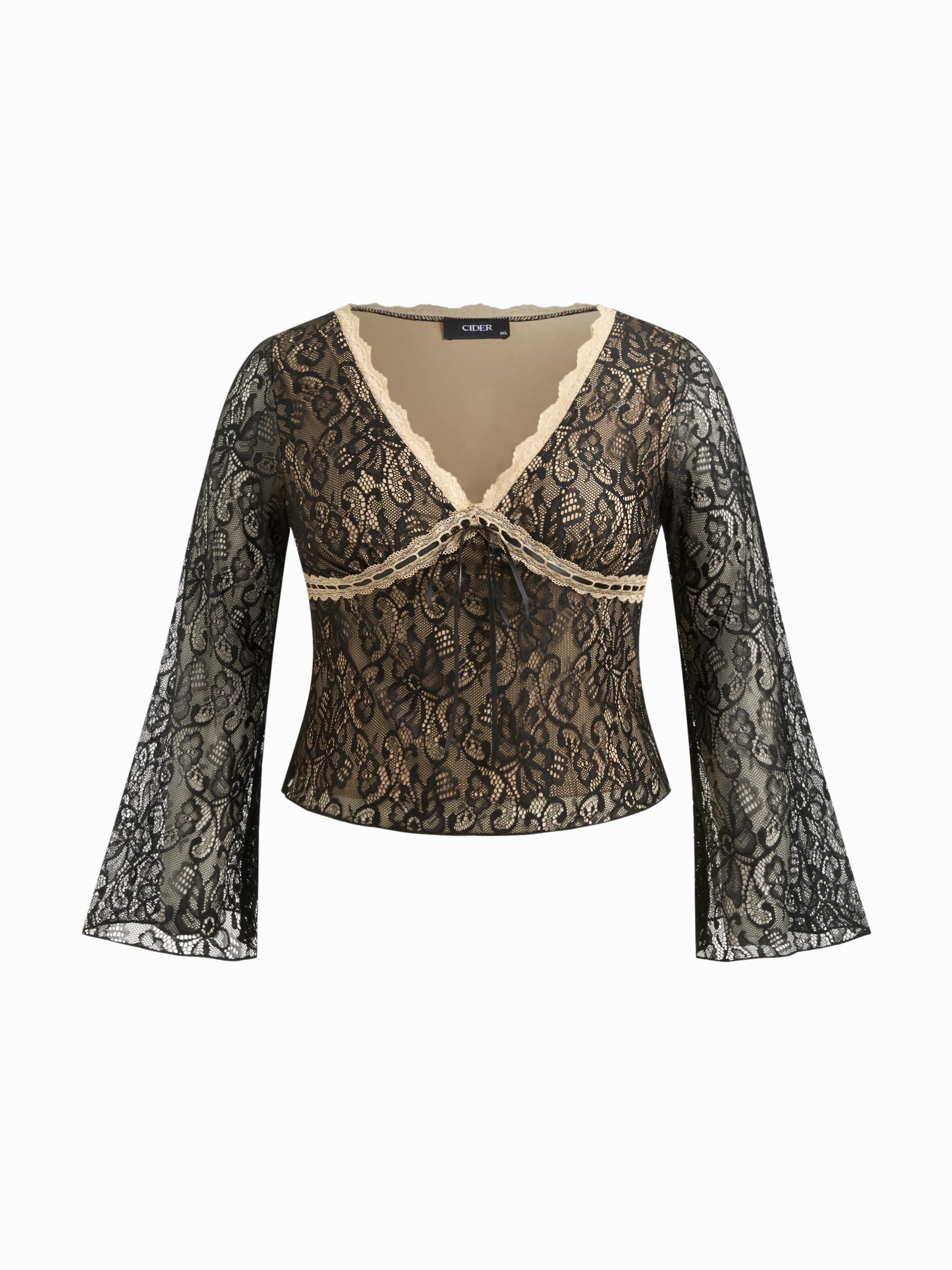 Lace V-neck Knotted Long Sleeve Top Curve & Plus by CIDER
