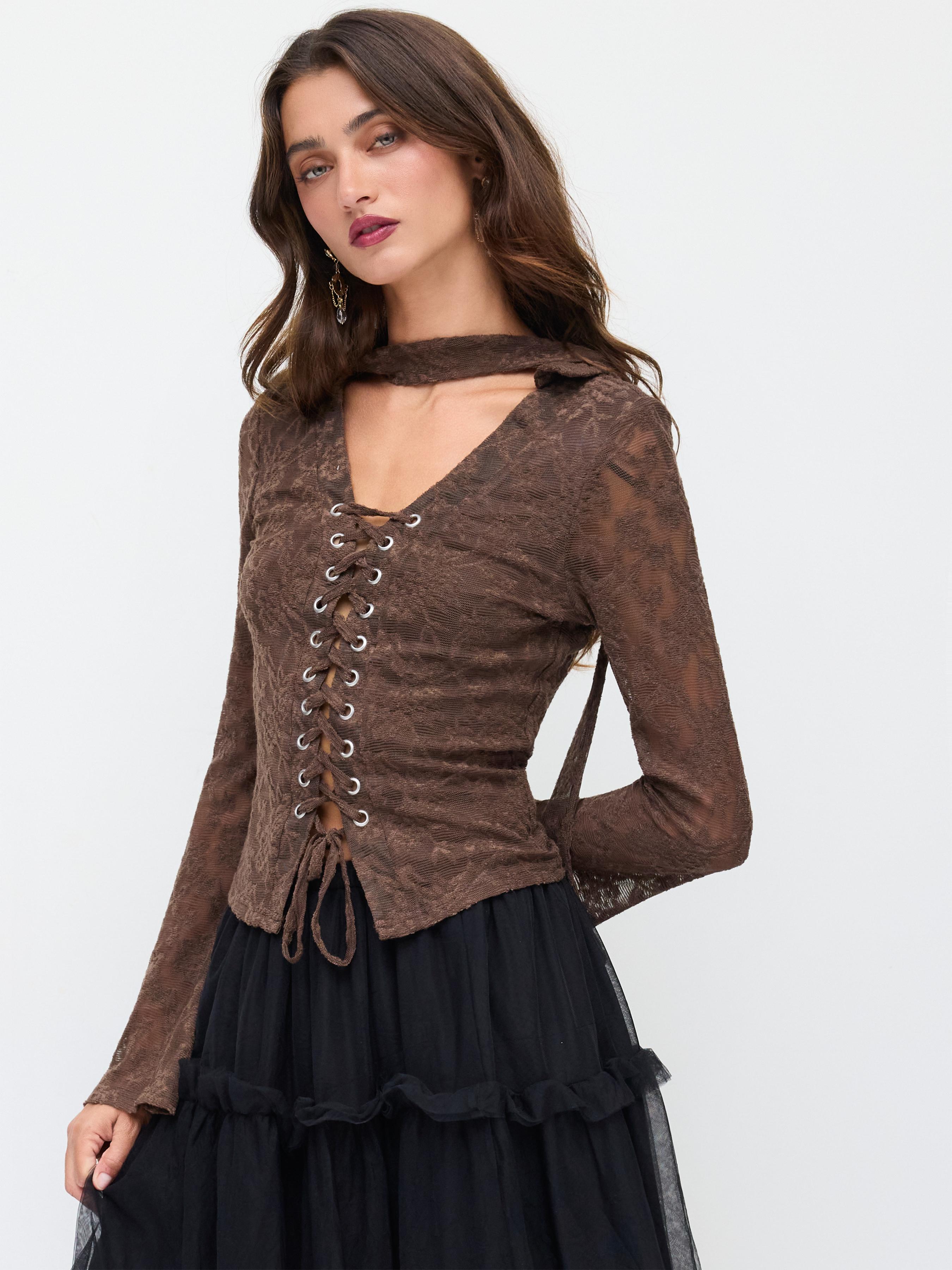 Lace V-neck Lace Up Long Sleeve Top With Scarf by CIDER