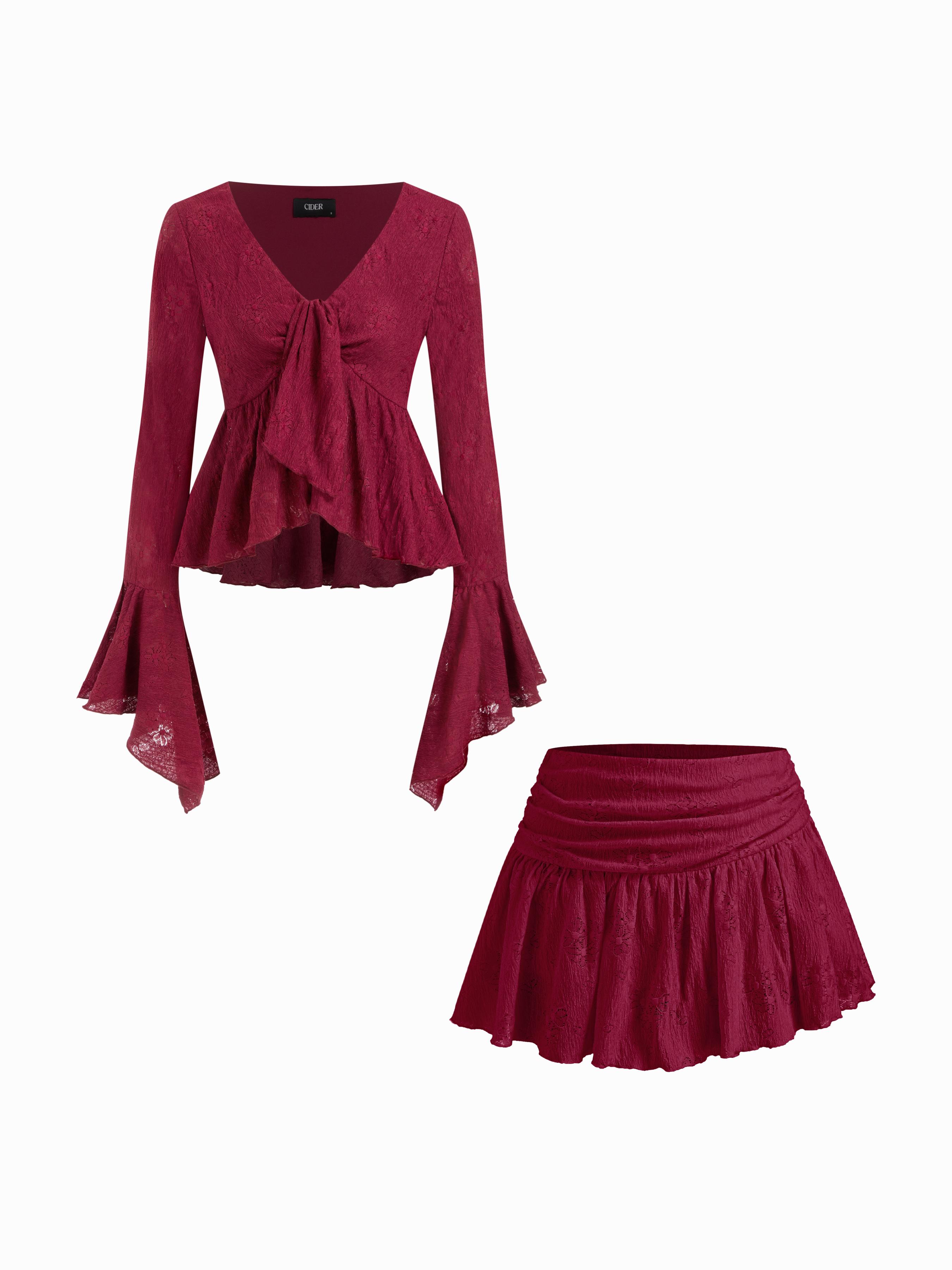 Lace V-neck Pointelle Bell Sleeve Crop Top With Ruched Mini Skirt Set by CIDER