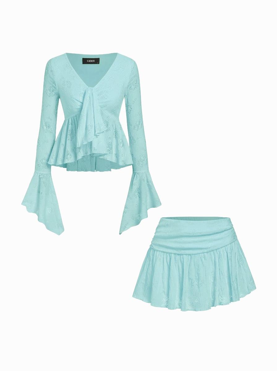 Lace V-neck Pointelle Bell Sleeve Crop Top With Ruched Mini Skirt Set by CIDER