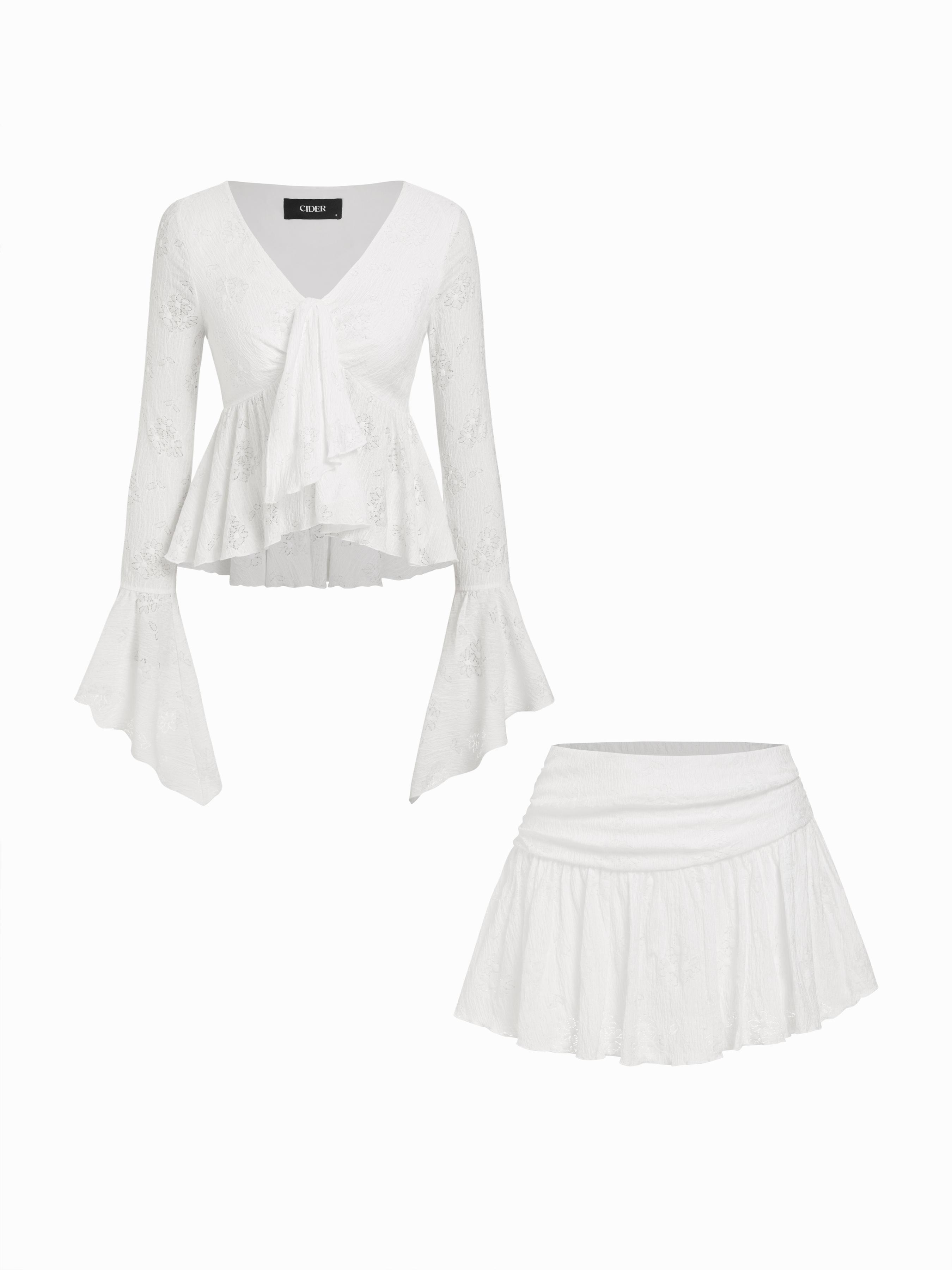 Lace V-neck Pointelle Bell Sleeve Crop Top With Ruched Mini Skirt Set by CIDER
