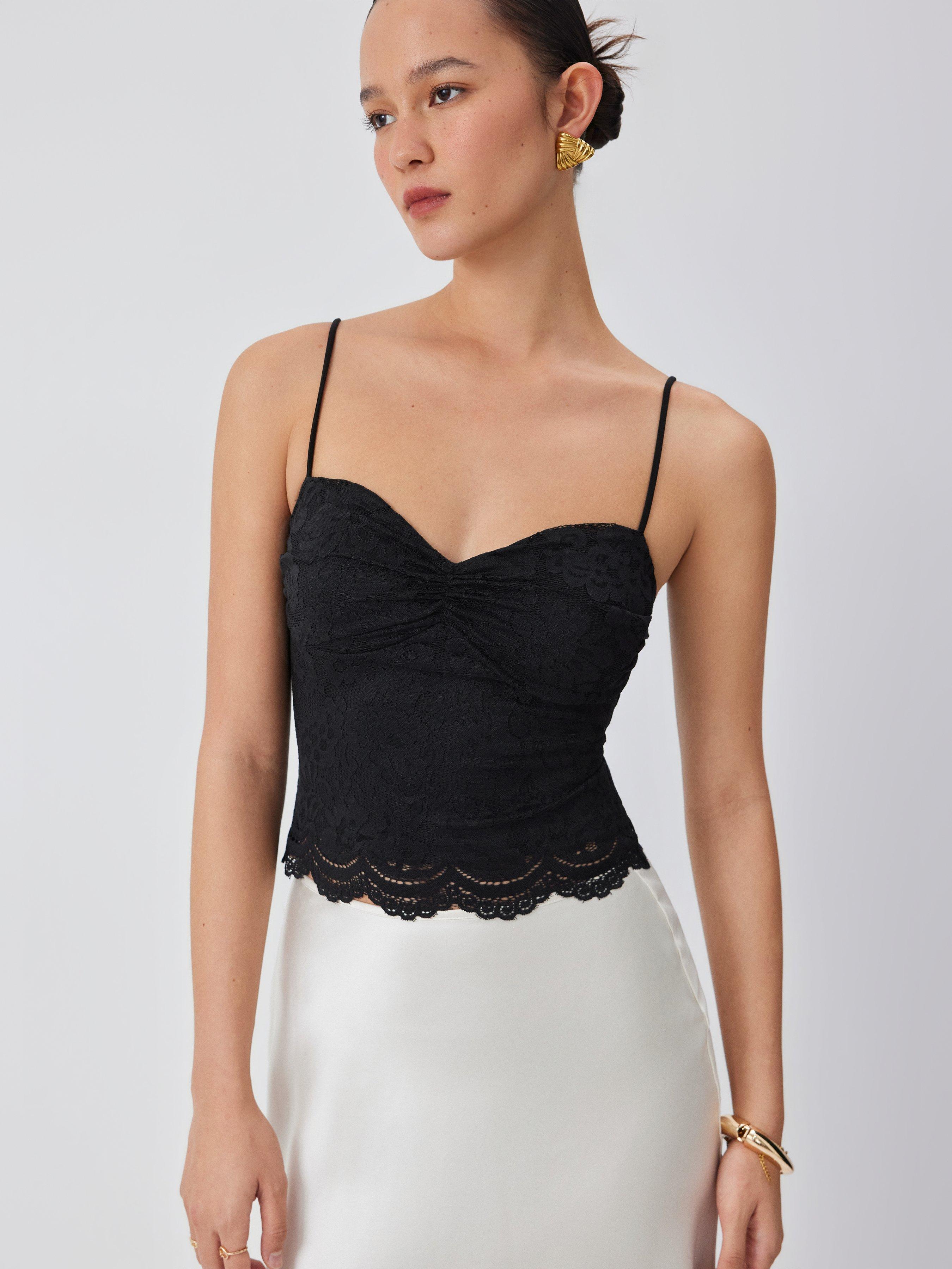 Lace V-neck Scallop Trim Ruched Cami Top by CIDER